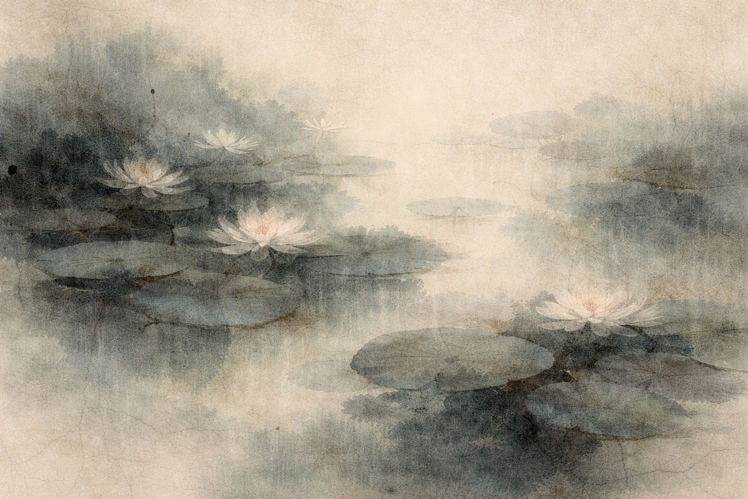 Lotus flowers resting on calm water in a misty pond, symbolizing the preservation of the Buddha’s teachings and the writing down of the Pali Canon in early Buddhism.