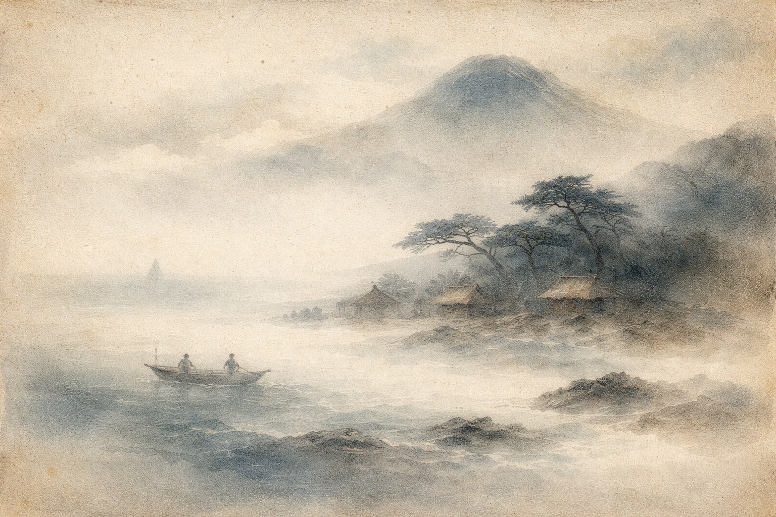 霧の川を小舟で進む二人と、岸辺の静かな家々や木々、遠くの山々が描かれた風景。僧侶にならなくても日常生活の中で仏教の実践ができる静かな暮らしを象徴している。
