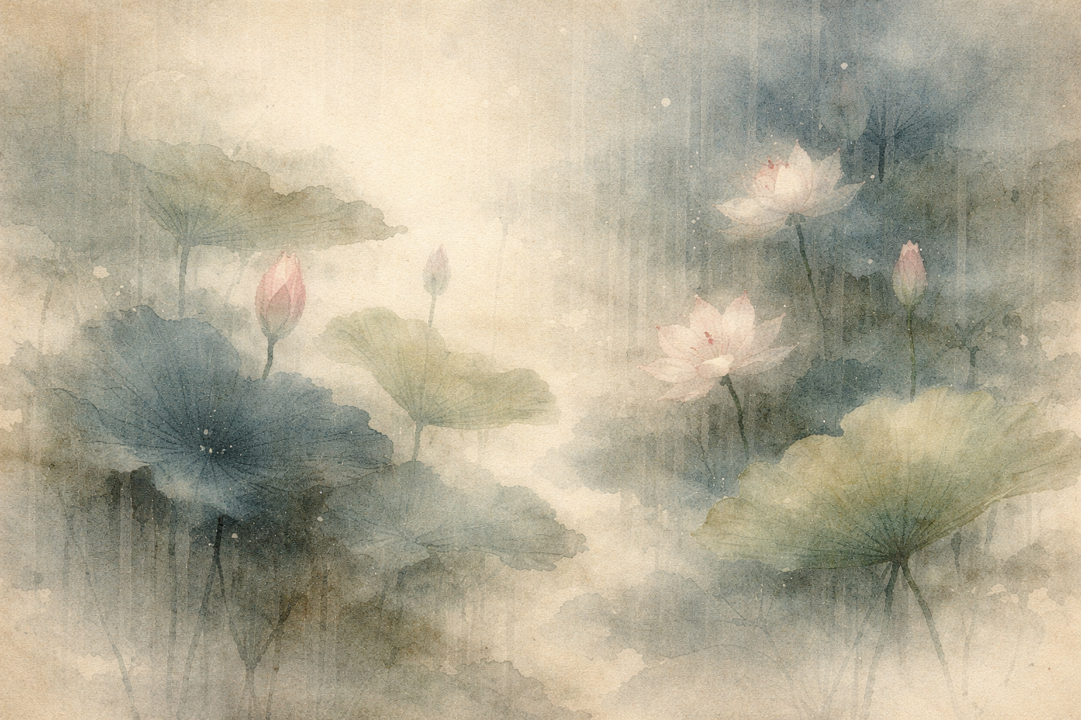 Soft watercolor illustration of lotus flowers and broad green leaves emerging through misty rain, with delicate pink blossoms glowing gently against a faded, textured background—evoking detachment, clarity, and the dissolving of fixed ideas.