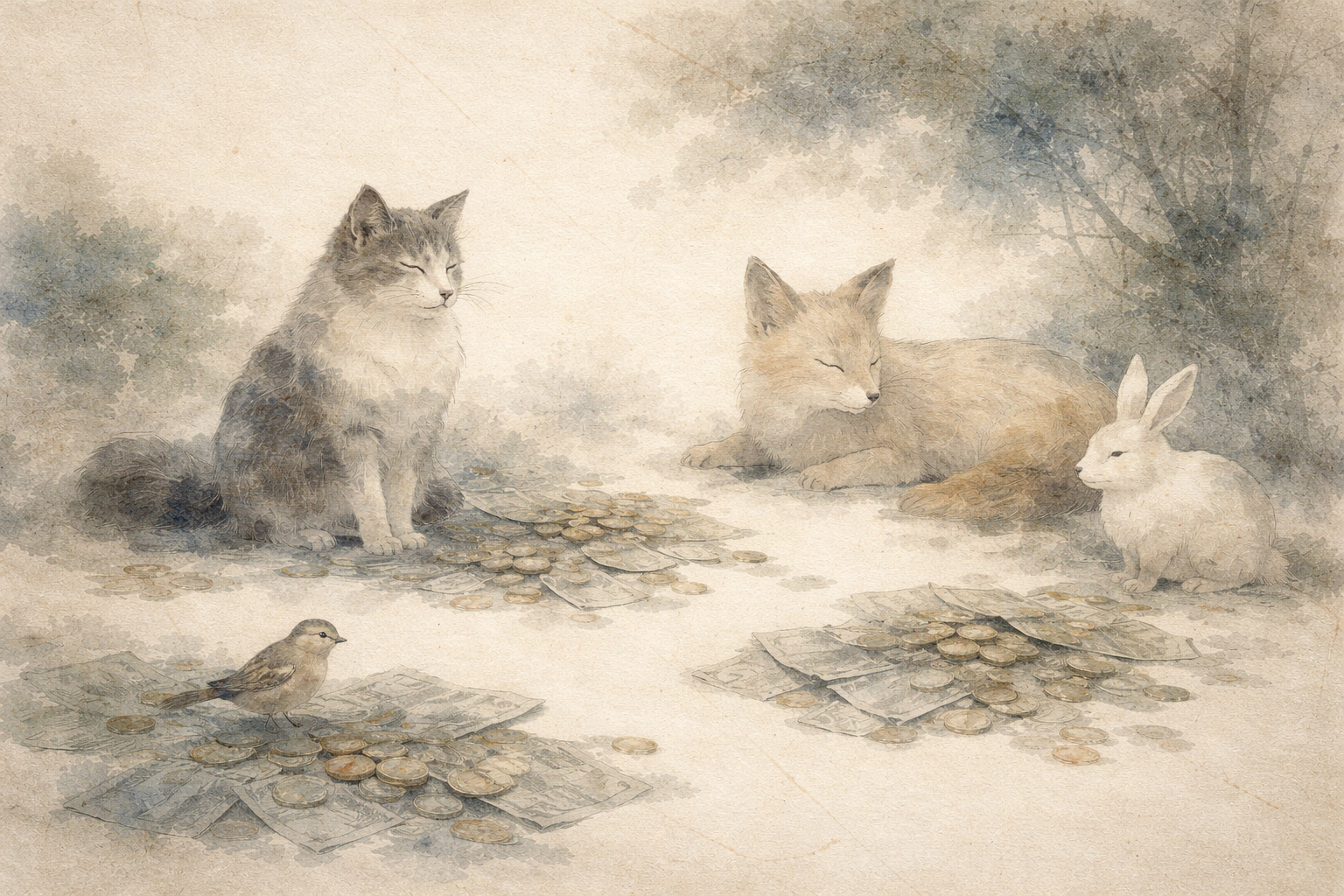 Watercolor illustration of a cat, a fox, a rabbit, and a small bird resting calmly beside separate piles of coins and paper money, symbolizing contrasting yet overlapping teachings of Buddhism and Hinduism on wealth, karma, and spiritual values.