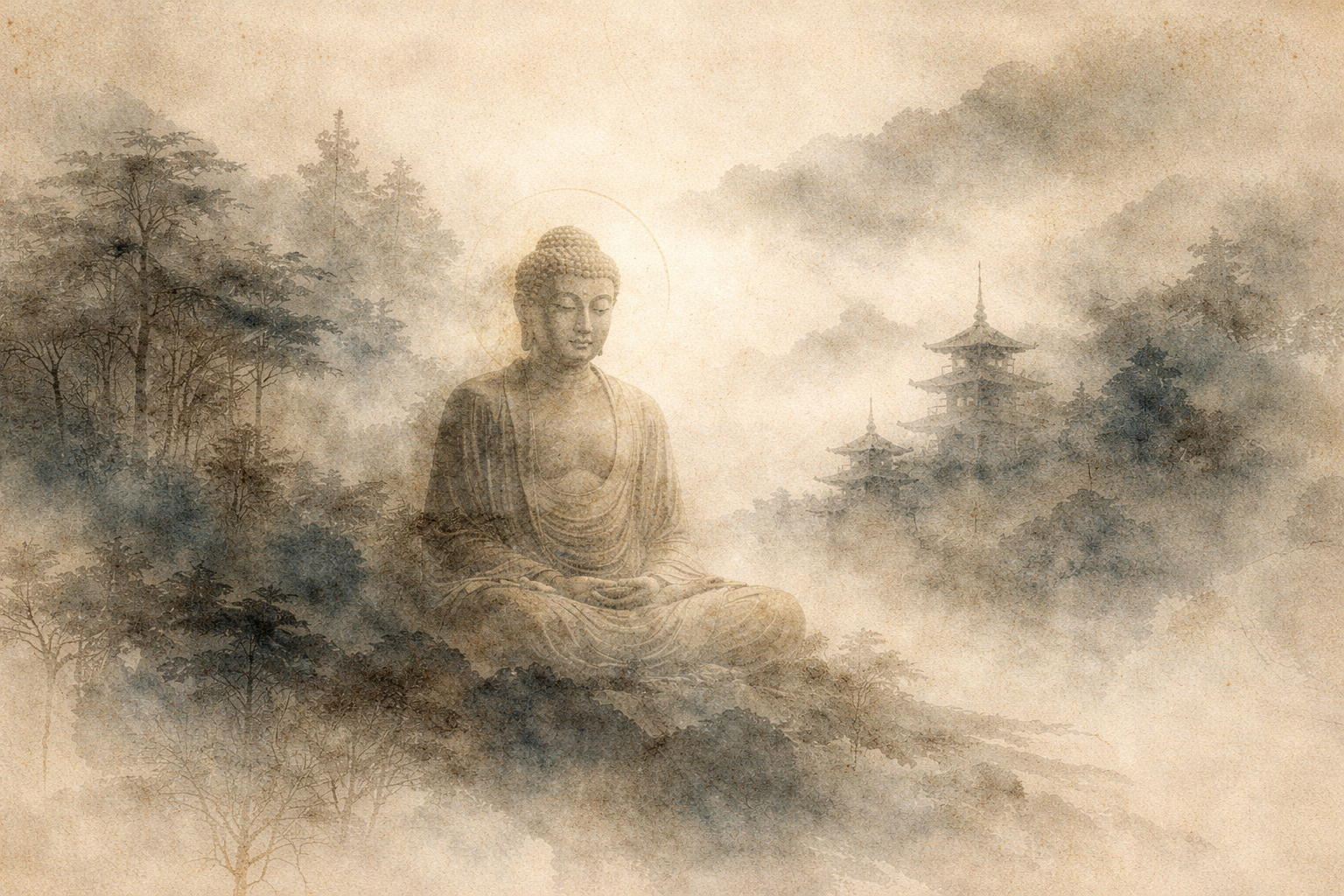 A peaceful watercolor illustration of the Buddha meditating in a misty forest landscape, with distant pagodas and layered mountains, symbolizing the core teachings of Buddhism explained in a simple and accessible way.
