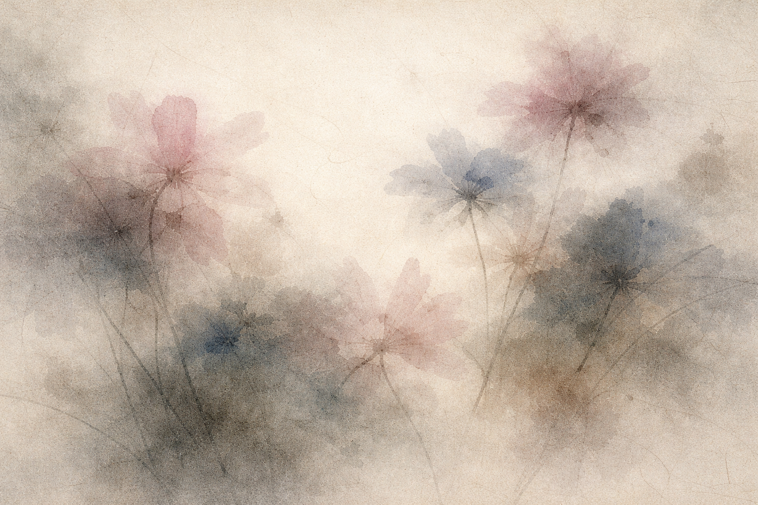 淡いピンクや青の柔らかな五つの花が霧の中から浮かび上がる水彩画。五戒が、日々の暮らしを整えるやさしい道しるべであることを象徴している。