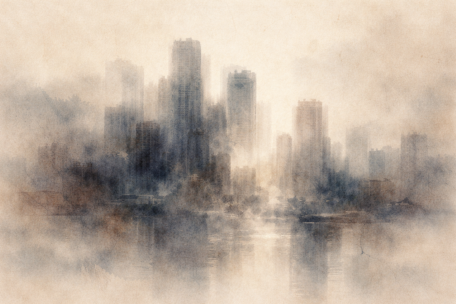 Soft watercolor illustration of a modern city skyline rising through mist and reflected in still water, symbolizing the subtle difference between desire and attachment—ambition and longing mirrored by clinging and fixation.