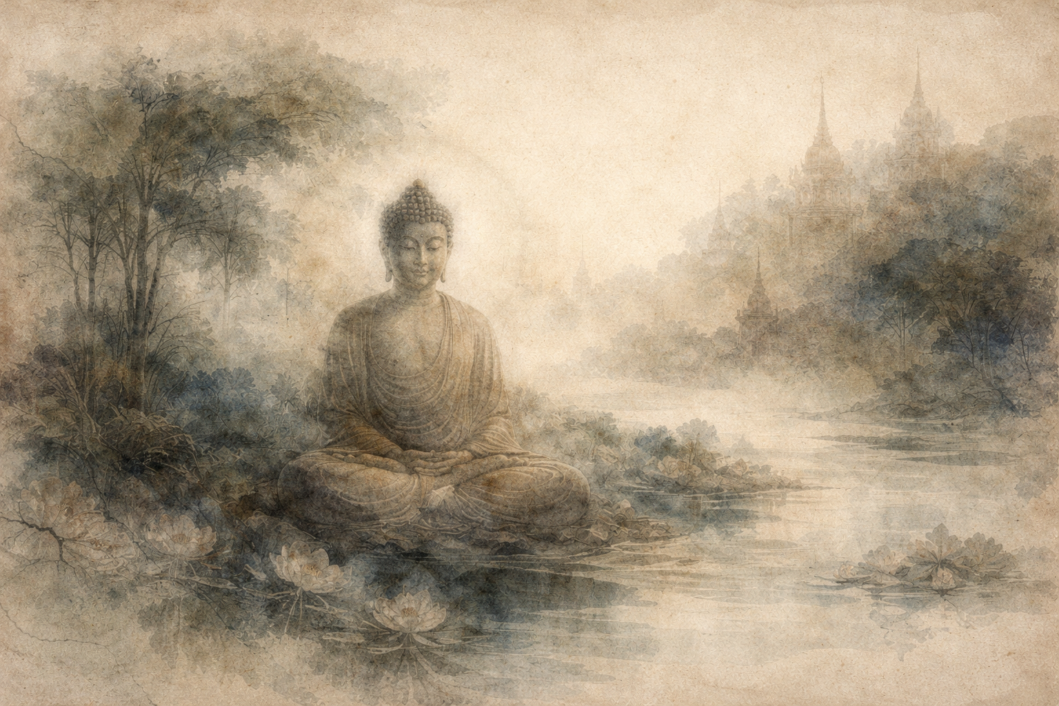 Serene Buddha figure in a soft watercolor landscape, evoking peace, reflection, and the wisdom of Buddhist quotes