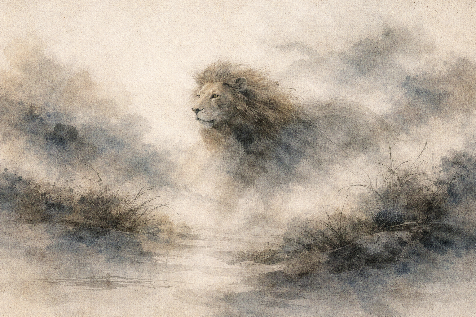 A majestic lion emerging through a soft mist in watercolor style, symbolizing strength, courage, and the lion’s roar of truth in Buddhism
