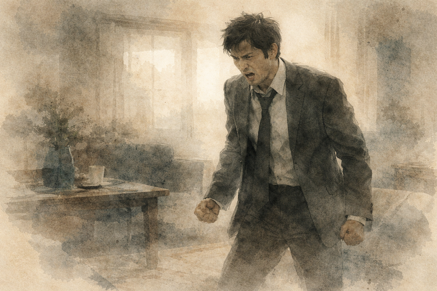 A frustrated man in a suit clenching his fists in a room, symbolizing intense anger and emotional reactions often seen in online interactions