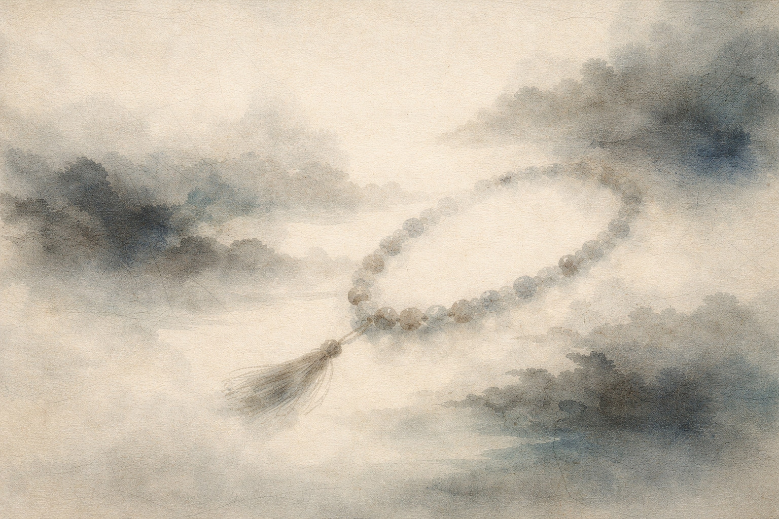 Mala beads in soft watercolor style resting in a misty atmosphere, symbolizing meditation, mindfulness, and spiritual practice in Buddhism