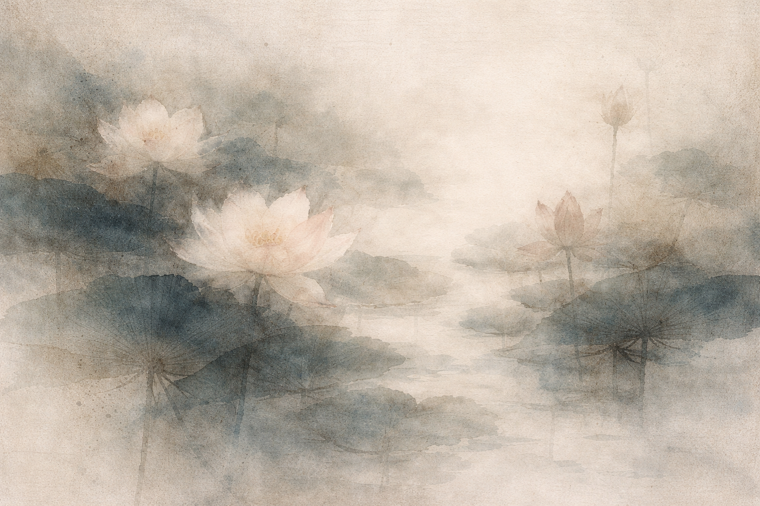 Soft watercolor lotus flowers blooming over a misty pond, symbolizing purity, enlightenment, and spiritual awakening in Buddhism