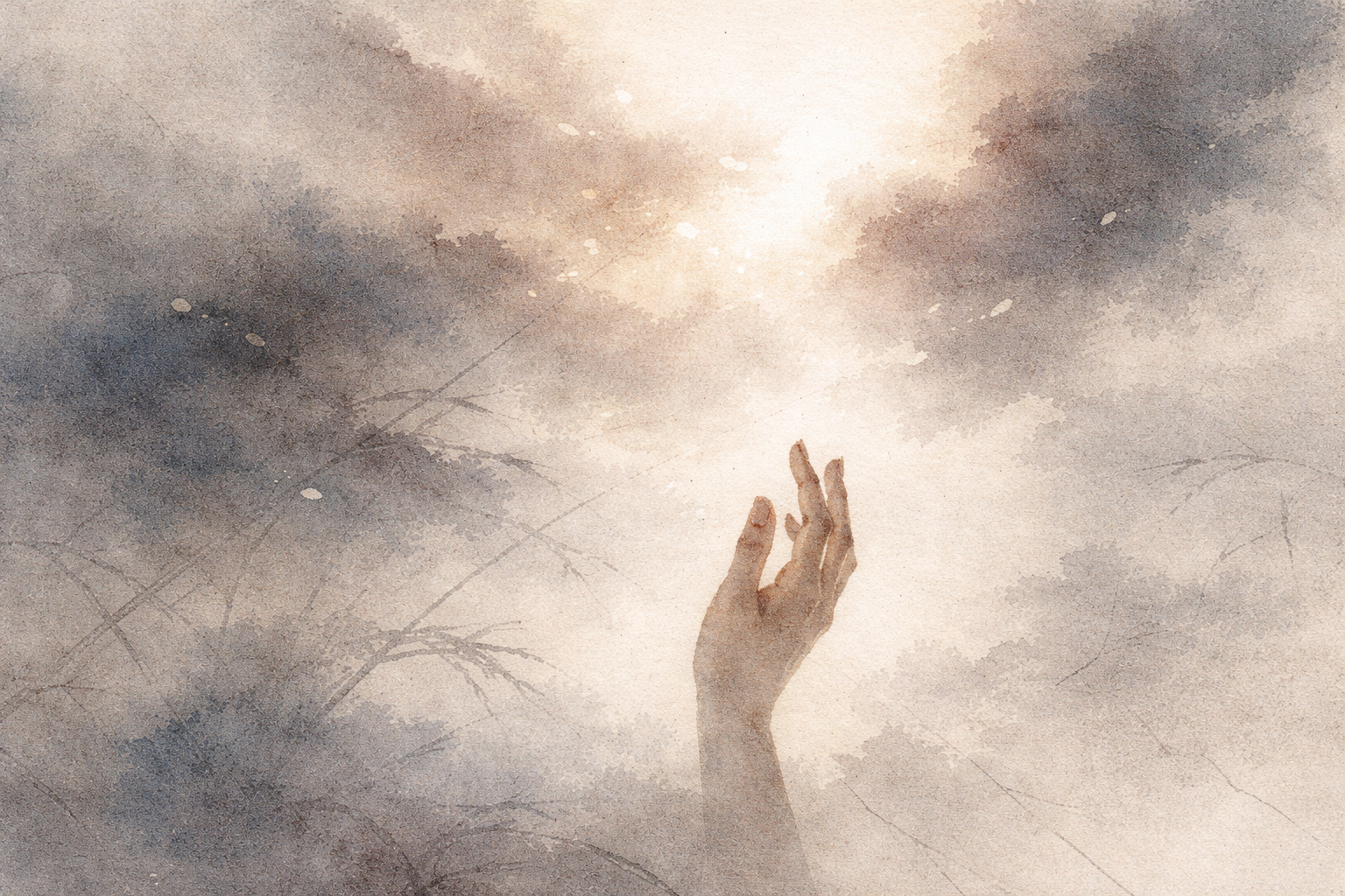 A gentle hand reaching toward soft light in a misty watercolor scene, symbolizing forgiveness, compassion, and emotional healing