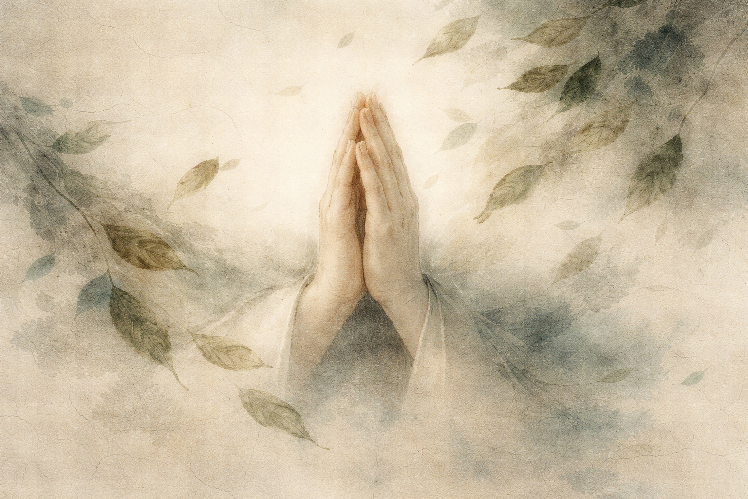 Hands gently pressed together in prayer surrounded by soft leaves in a watercolor scene, symbolizing forgiveness, compassion, and inner peace