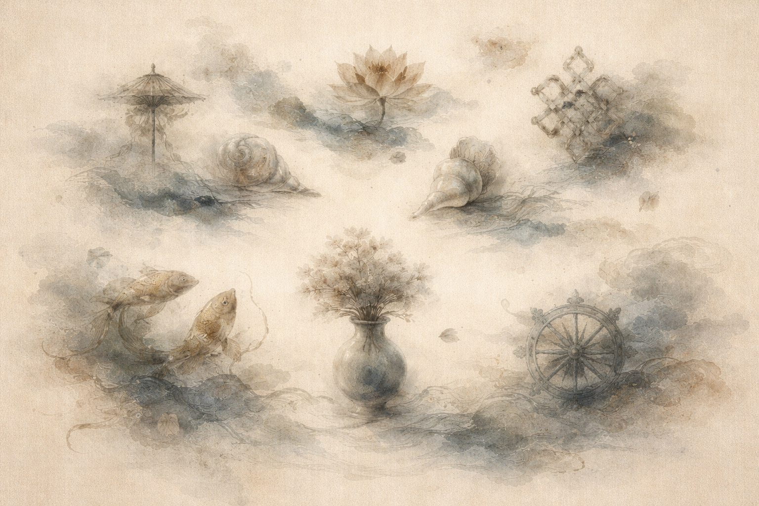 Soft watercolor illustration of eight sacred Buddhist symbols, including the lotus, conch shell, endless knot, dharma wheel, treasure vase, golden fish, parasol, and other traditional emblems representing wisdom, harmony, protection, and spiritual awakening.