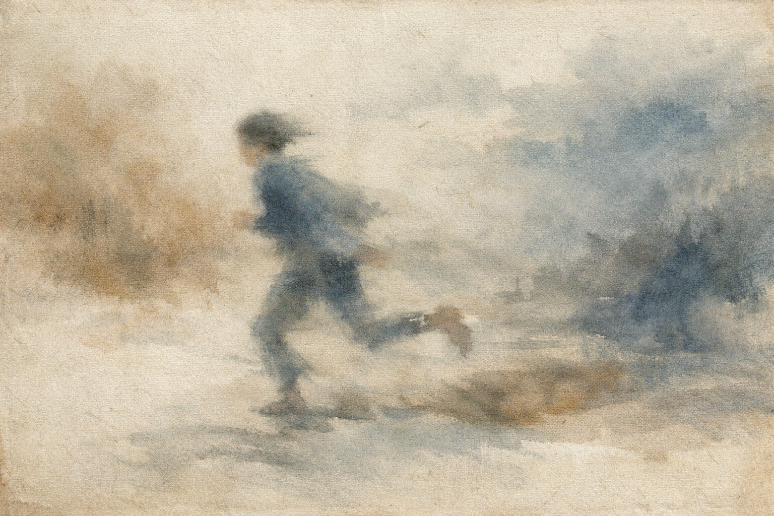 A lone figure running through a hazy landscape, pursued by a shadowy form, symbolizing how shame can feel like something chasing us — persistent, heavy, and difficult to escape, yet ultimately shaped by the mind.