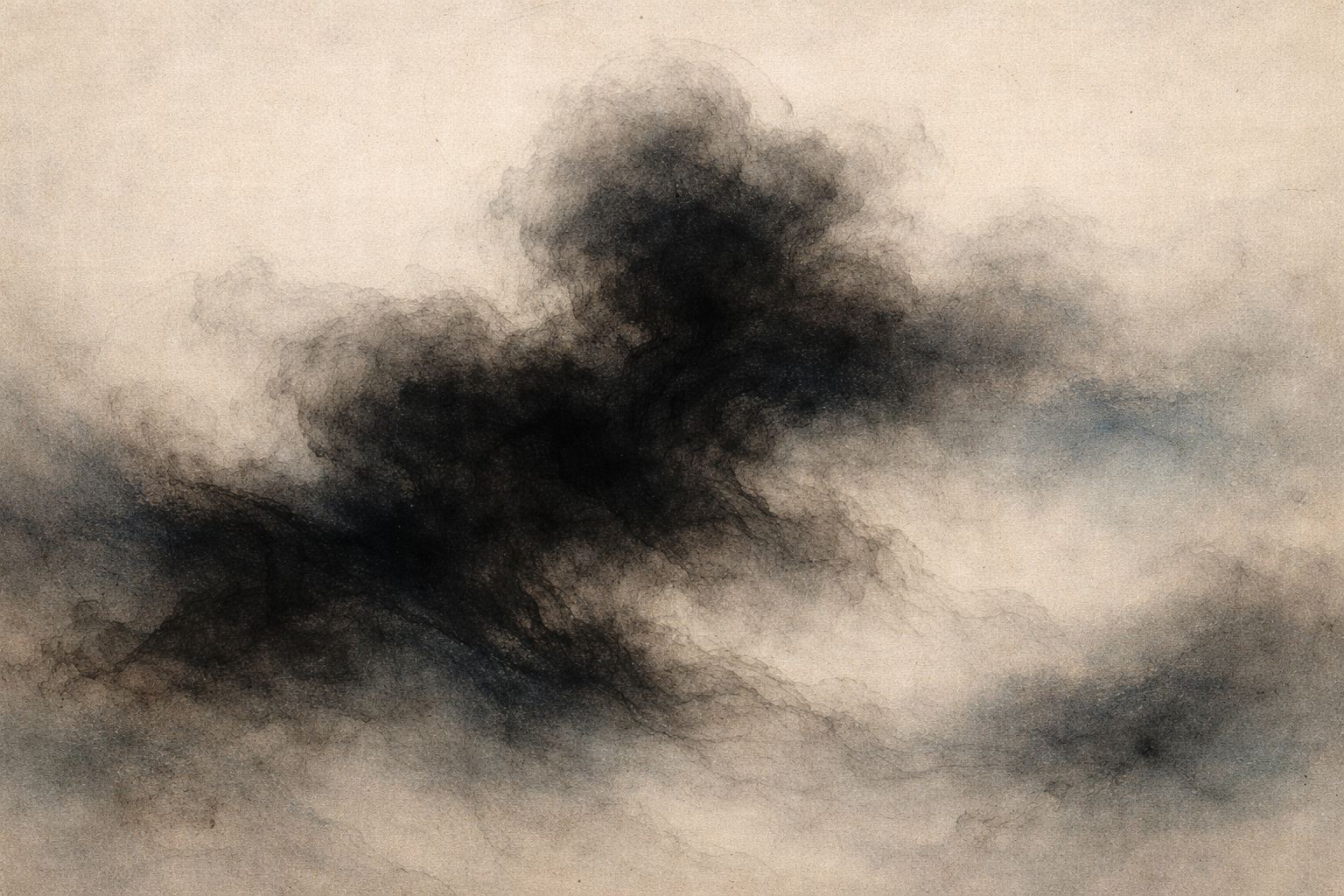A dark, cloud-like form dissolving into mist, symbolizing the overwhelming and consuming nature of doomscrolling, and the Buddhist path of gently observing thoughts until they lose their power.