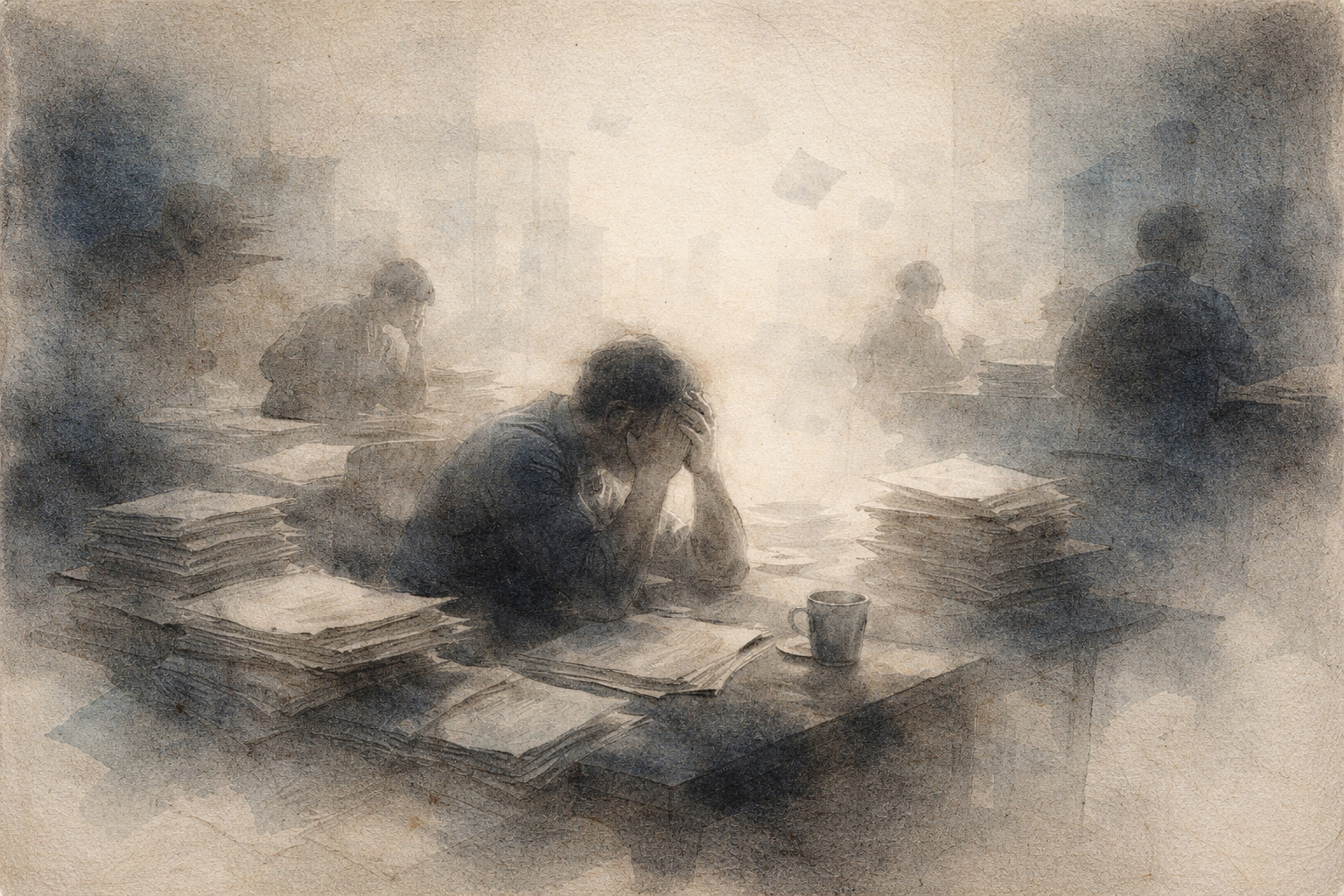 A weary office worker sits at a desk piled with papers, head in hands, surrounded by others in a hazy workspace—reflecting the mental weight of frustration and overwhelm in daily work life.