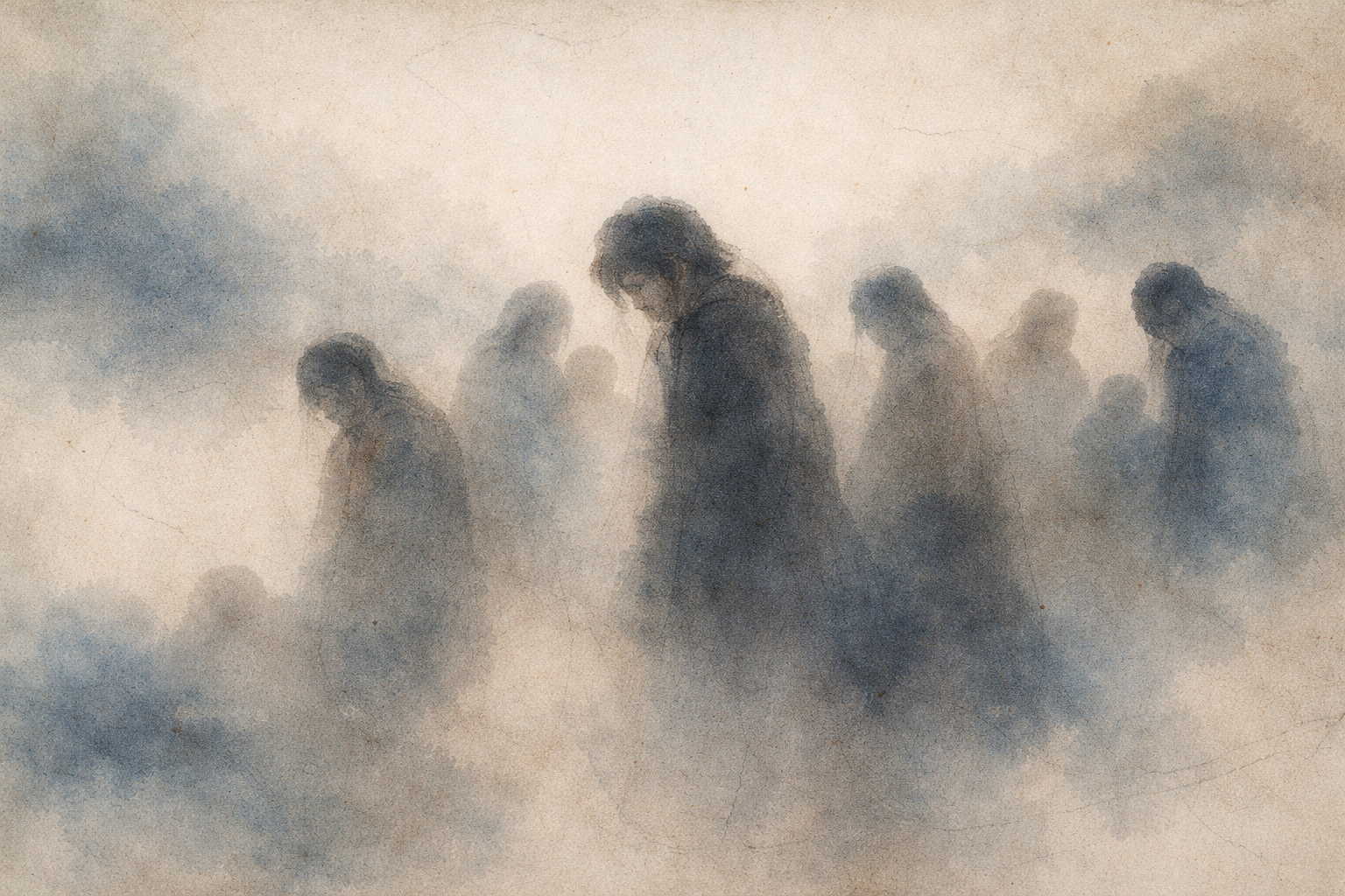 Soft silhouettes of weary figures fading into mist, symbolizing mental exhaustion and the gentle Buddhist approach of acknowledging fatigue with compassion and awareness.
