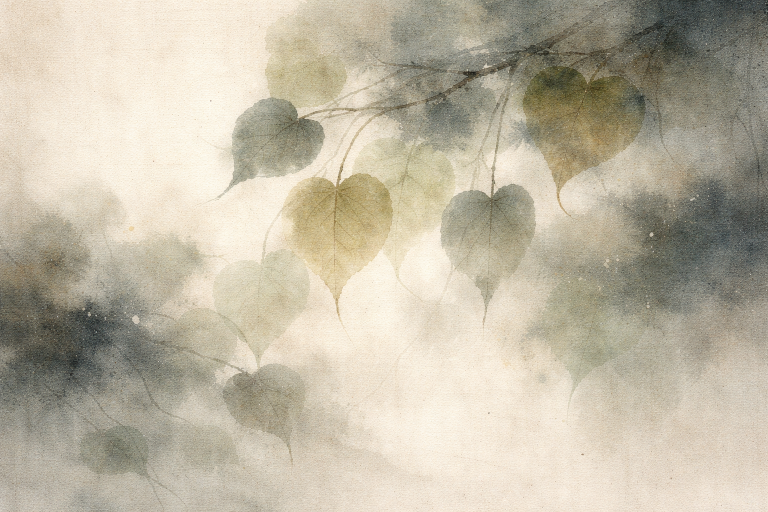 Softly illuminated Bodhi tree leaves emerging through gentle mist, symbolizing awakening and insight, reflecting the Buddhist tradition that the Bodhi tree represents the place where the Buddha attained enlightenment and realized the true nature of reality.