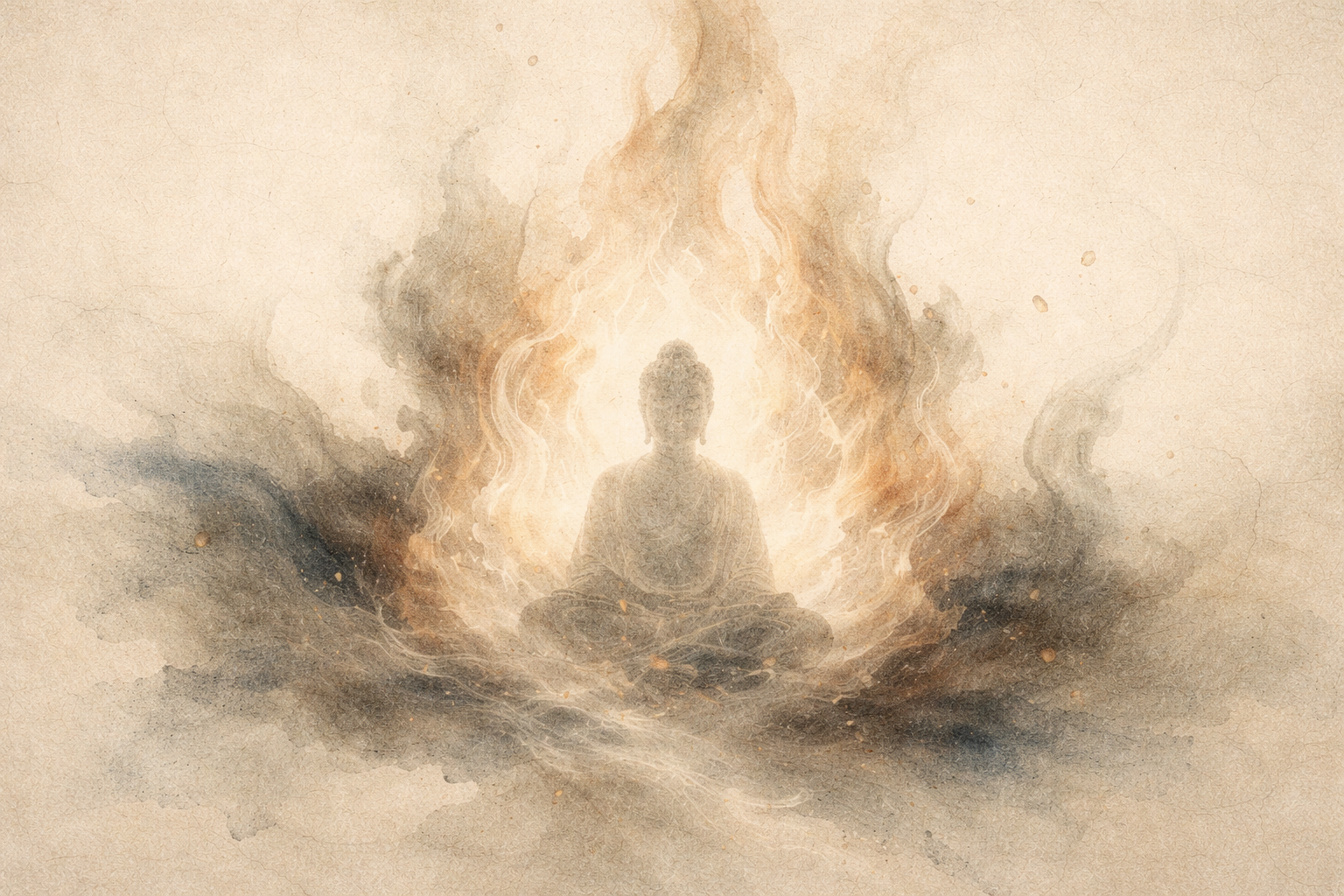 A calm Buddha figure seated in meditation surrounded by soft, glowing flames, symbolizing the transformation of anger into clarity and the release of attachment through Buddhist wisdom