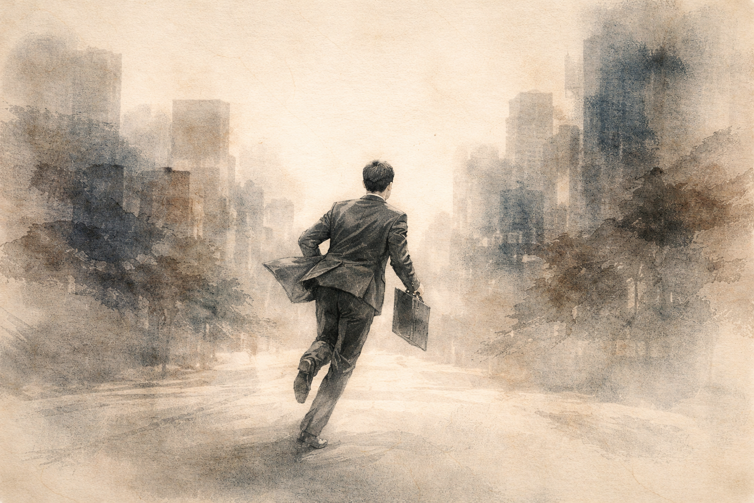 A solitary figure hurrying through a hazy cityscape, symbolizing the restless pace of modern life and the search for calm through Buddhist wisdom on anxiety and inner peace