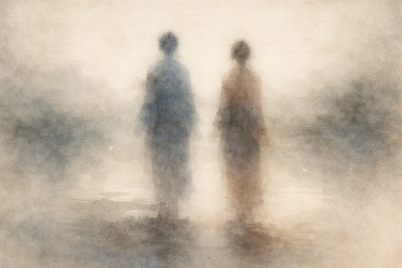 Two softly blurred human figures standing apart in gentle mist, symbolizing impermanence, attachment, and the subtle suffering that arises when we cling, as taught in Buddhist wisdom