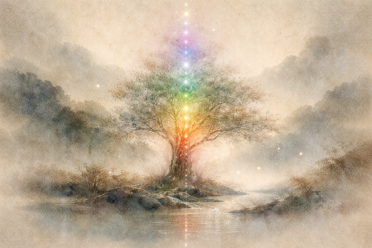 Radiant watercolor-style illustration of a luminous tree glowing with rainbow light in a tranquil misty landscape, symbolizing spiritual awakening, enlightenment, and the inner transformation described in Buddhist teachings.