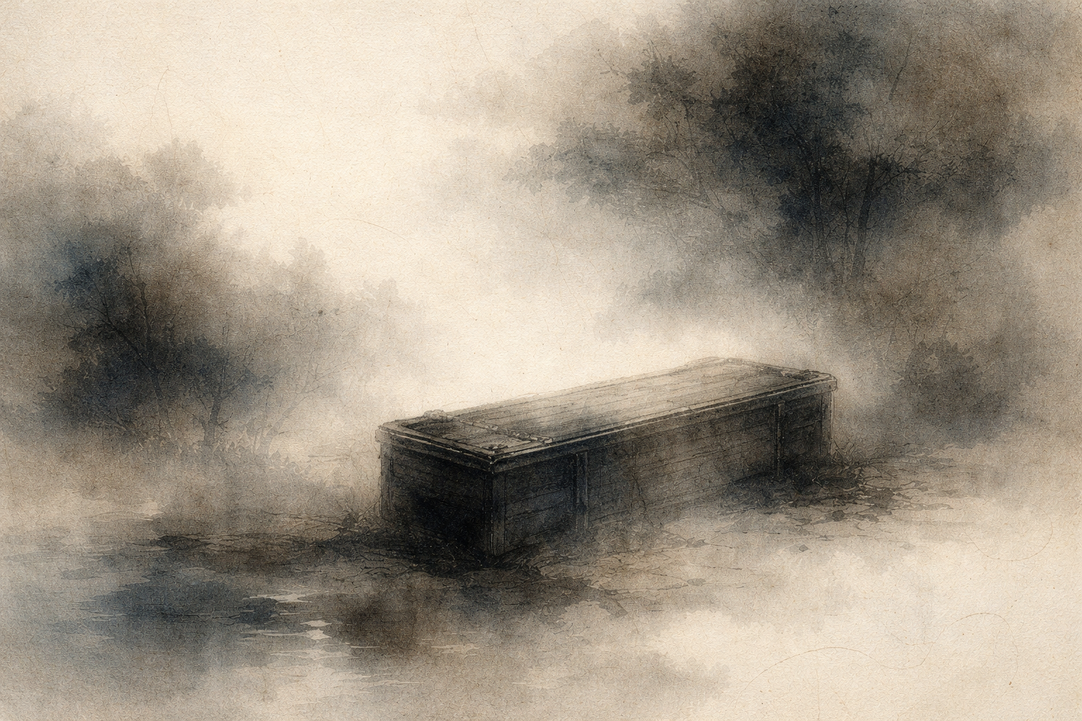 霧に包まれた水墨画風の風景の中に置かれた木の棺。死と無常、そして人生の儚さを仏教的に象徴している