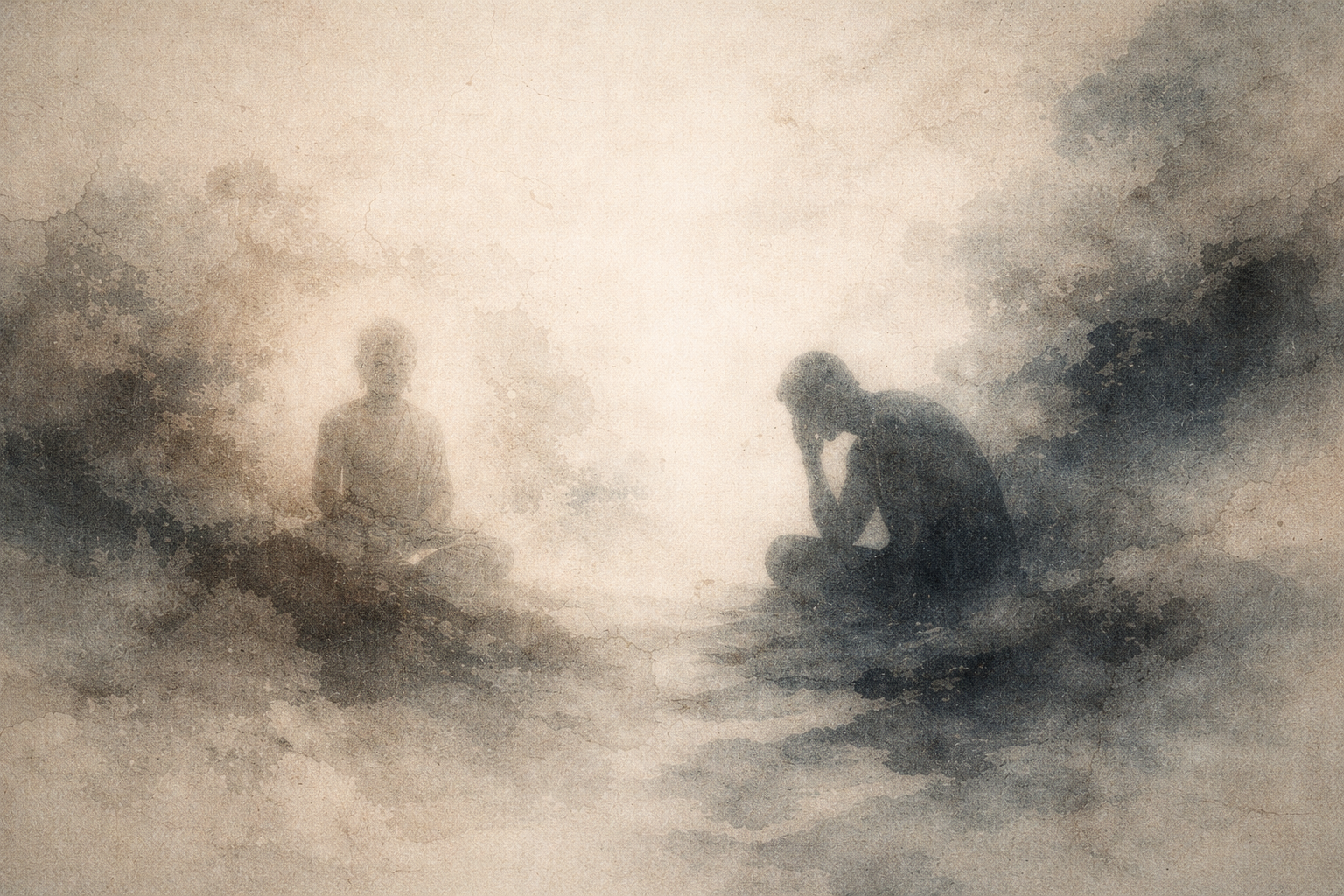 A contemplative figure sitting thoughtfully across from a serene Buddha in soft mist, symbolizing reflection on failure and the growth of wisdom through Buddhist understanding