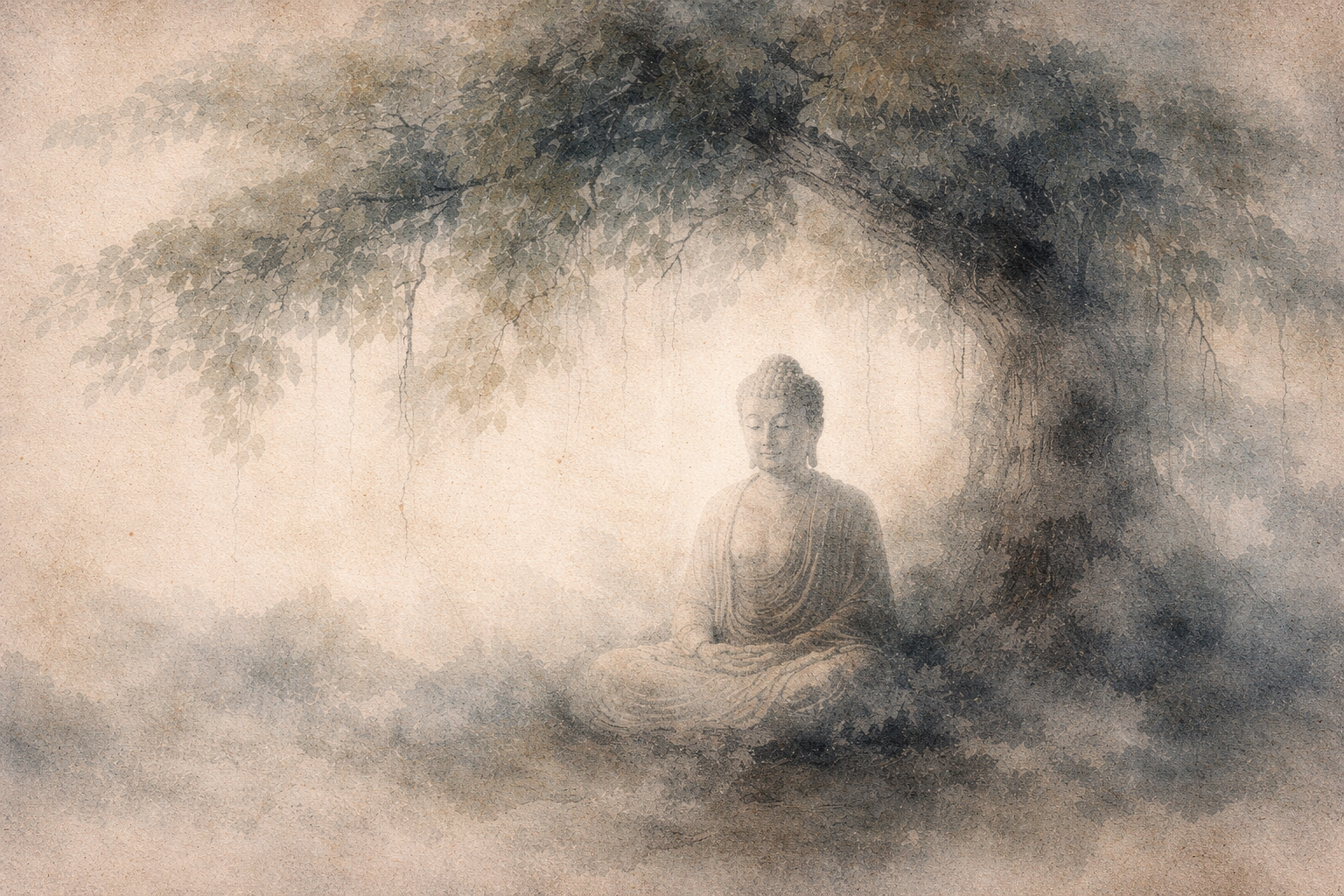 A serene Buddha seated in meditation beneath a large tree in soft mist, symbolizing stability, resilience, and the quiet strength to find calm even during difficult times