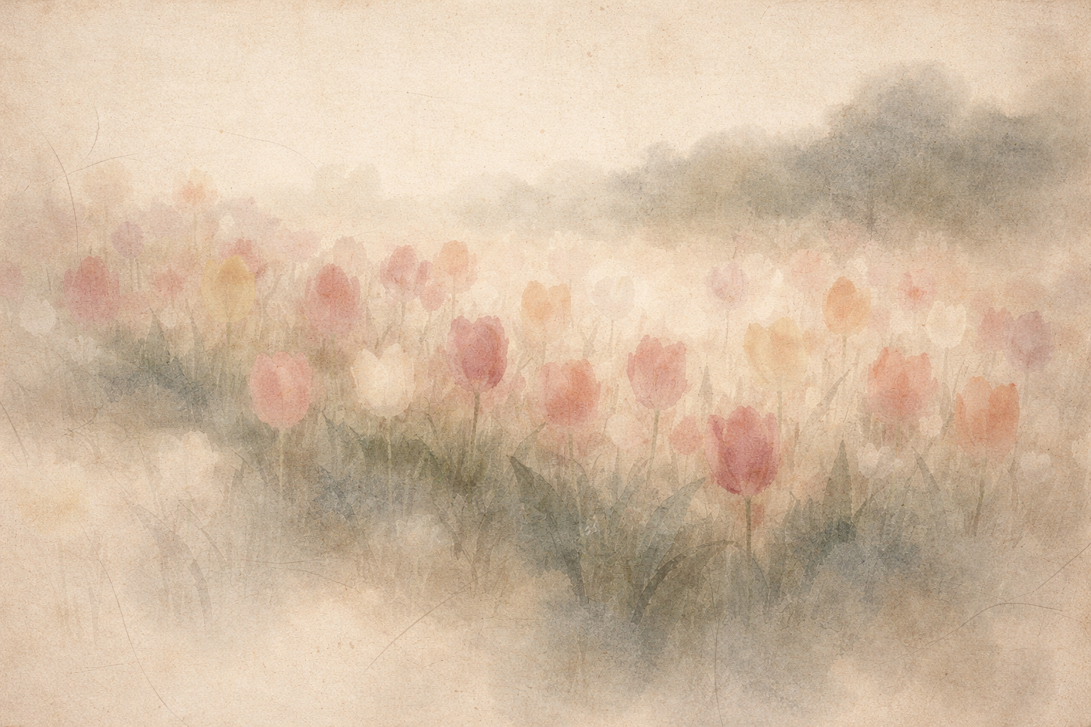 Soft watercolor-style illustration of blooming tulips in a misty field, symbolizing gratitude, appreciation, and the quiet beauty of the present moment.