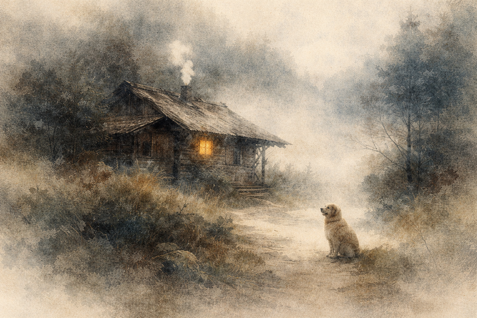A peaceful rustic cottage glowing warmly in soft mist, with a quiet dog sitting nearby, symbolizing contentment, simplicity, and the gentle happiness found through inner peace in Buddhist wisdom