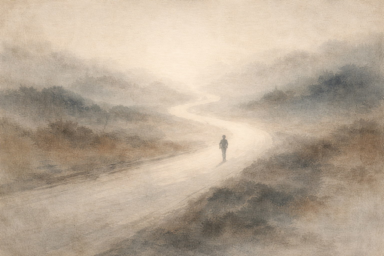 A solitary figure walking along a winding path through soft mist, symbolizing the journey of karma and how each action shapes the direction of our life according to Buddhist wisdom