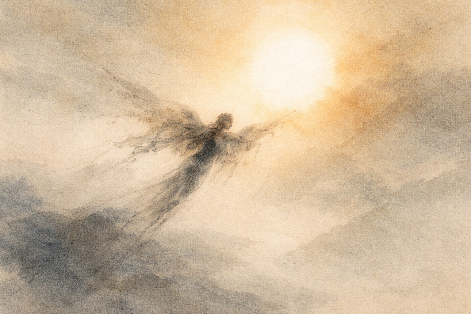 Ethereal watercolor-style illustration of a luminous winged figure ascending toward warm radiant light above misty mountains, symbolizing spiritual liberation, inner freedom, and transcendence in Buddhist teachings.