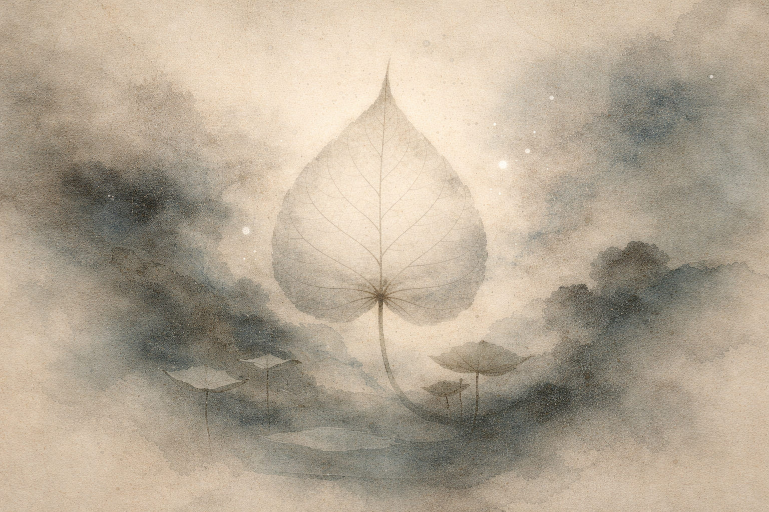 A delicate bodhi leaf floating in soft mist above calm water, symbolizing Buddhist wisdom that transforms how we perceive life and the world