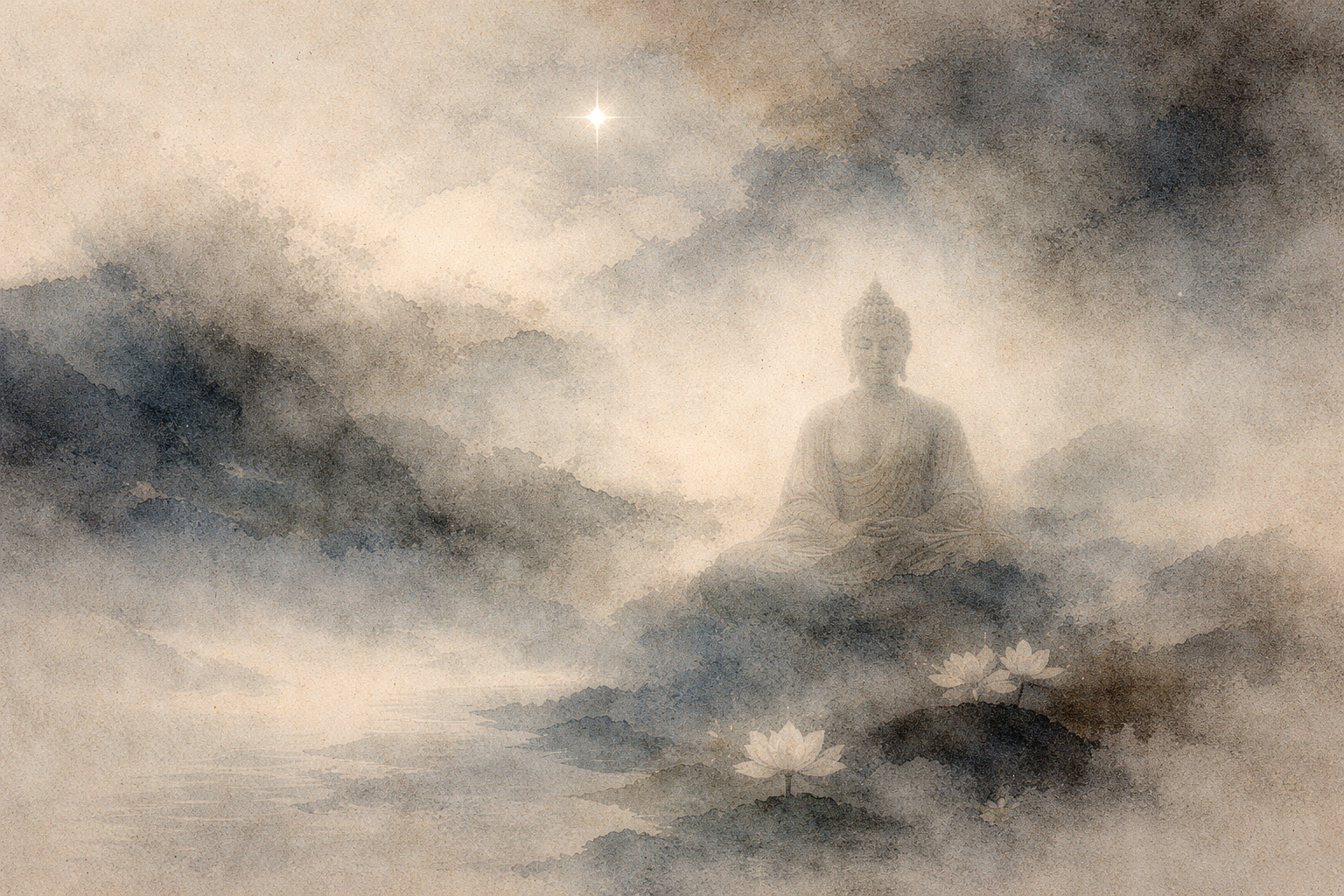 A serene Buddha figure seated in meditation among misty mountains and lotus flowers, symbolizing timeless wisdom and insights about life that remain meaningful today