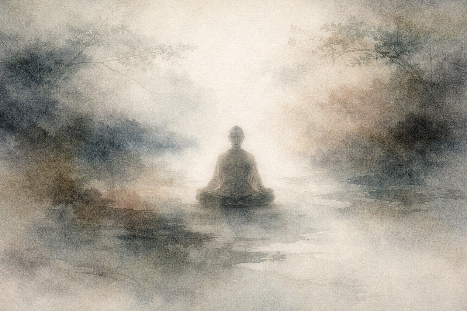 A solitary figure meditating peacefully in soft mist beside still water, symbolizing inner calm, acceptance of loneliness, and the discovery of peace through Buddhist wisdom