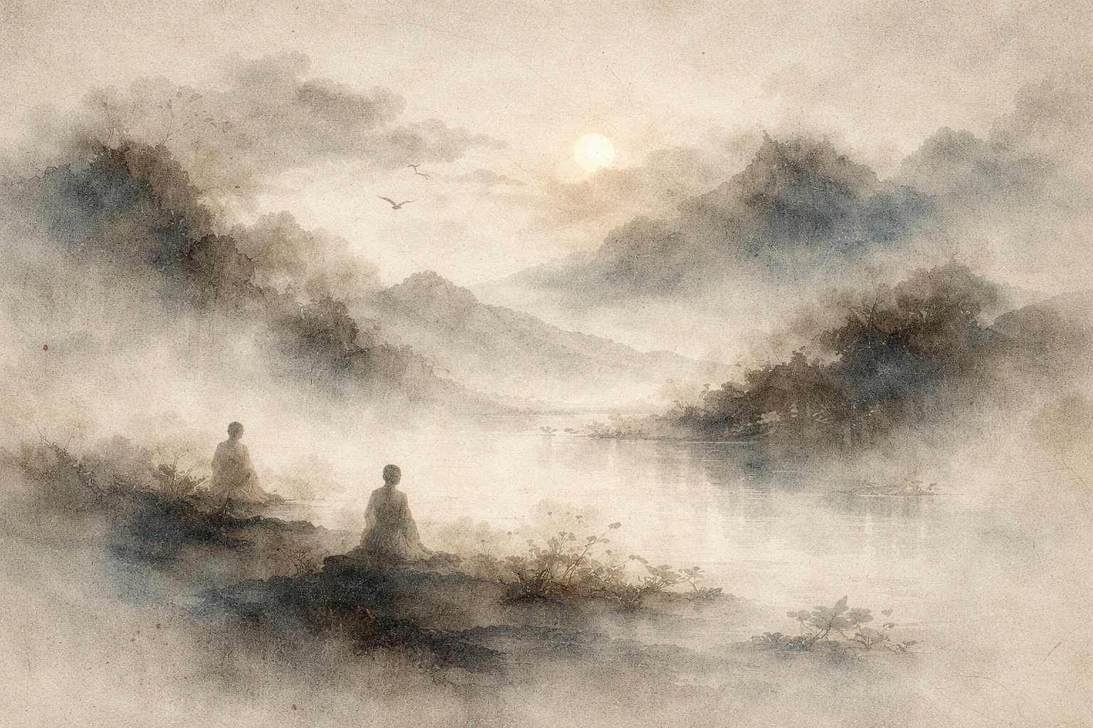 Two figures sit quietly in meditation beside a mist-covered lake at sunrise, surrounded by layered mountains and soft drifting clouds, symbolizing the deep connection between patience and wisdom