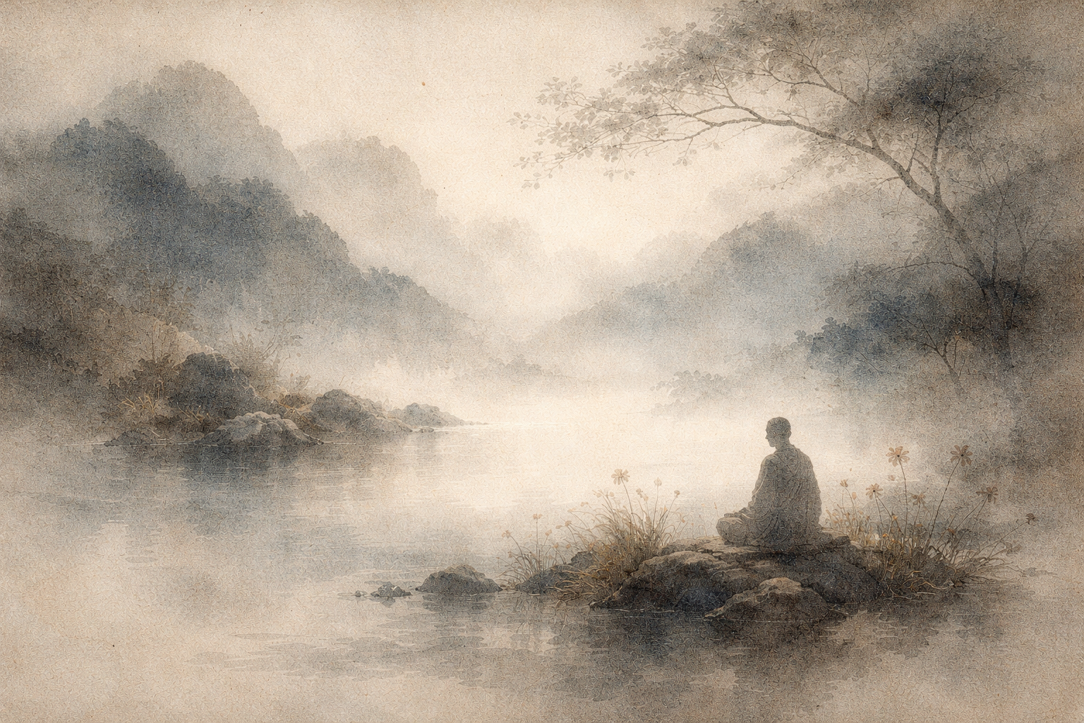 A quiet figure meditating beside a calm lake surrounded by misty mountains, symbolizing tranquility, clarity, and the peaceful state of mind described in Buddhist wisdom