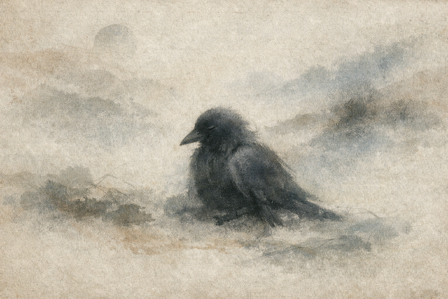 霧に包まれた風景の中で静かに佇む黒いカラスを描いた水墨画風のイラスト。悲しみ、内省、そして穏やかな癒しのテーマを想起させる。