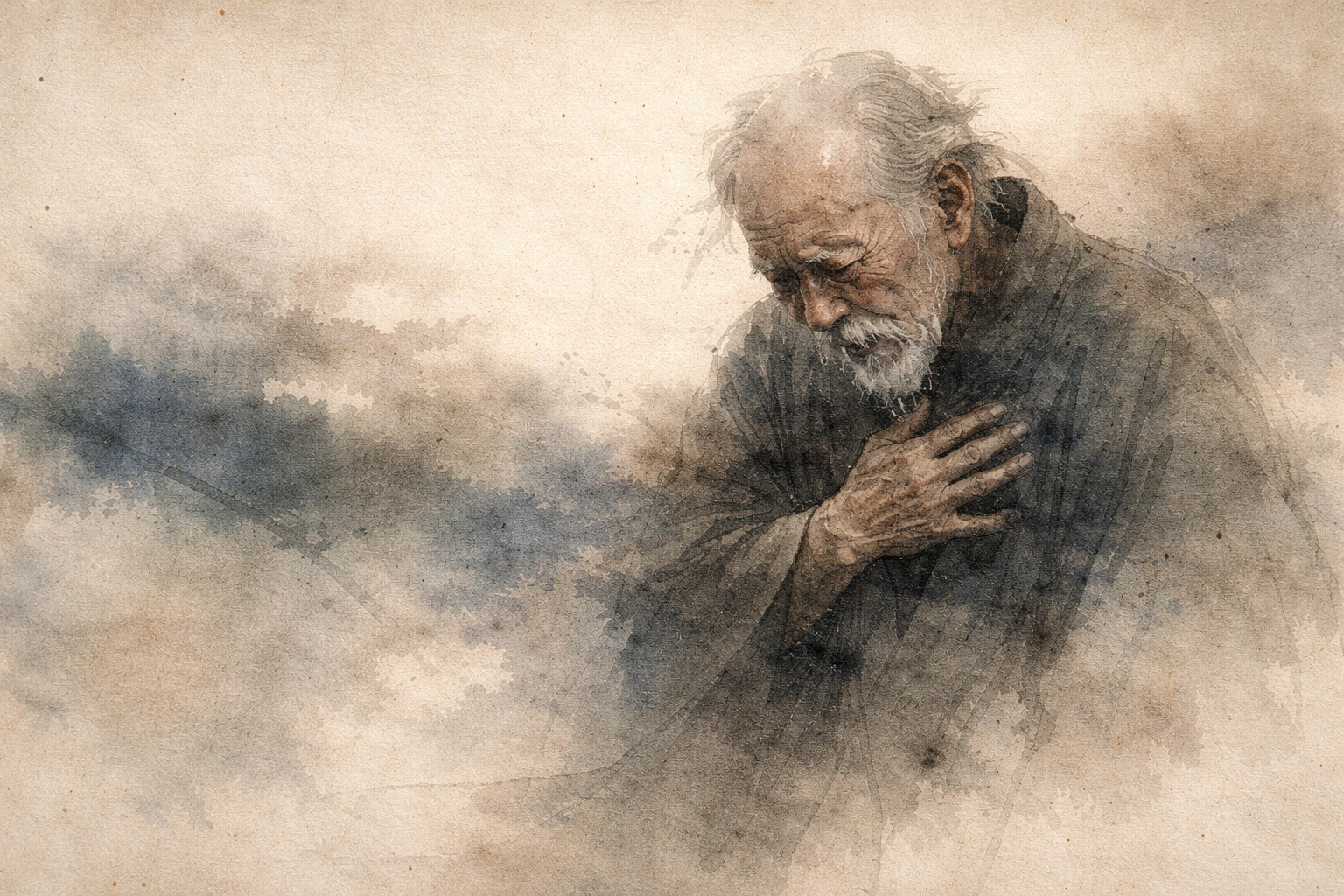 An elderly figure bowing gently with a hand over the heart, rendered in soft watercolor mist, symbolizing humility, suffering, and the compassionate path toward inner healing in Buddhist wisdom