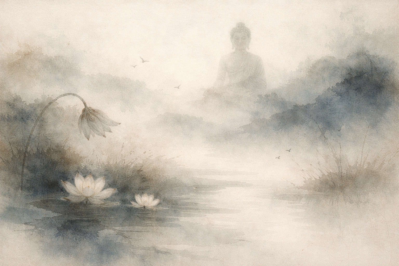 穏やかな水面に咲く蓮の花と、霧の中に淡く浮かぶ仏陀の姿を描いた水彩風の静かな情景。真理、智慧、そして静かな悟りを象徴している。