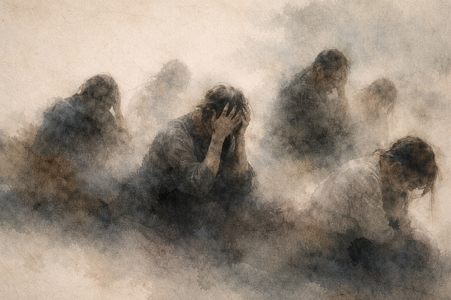 Expressive watercolor-style illustration of multiple figures in contemplative sorrow emerging from mist, symbolizing the inner struggles of the mind and the Buddhist understanding of suffering as a path toward awareness and liberation.
