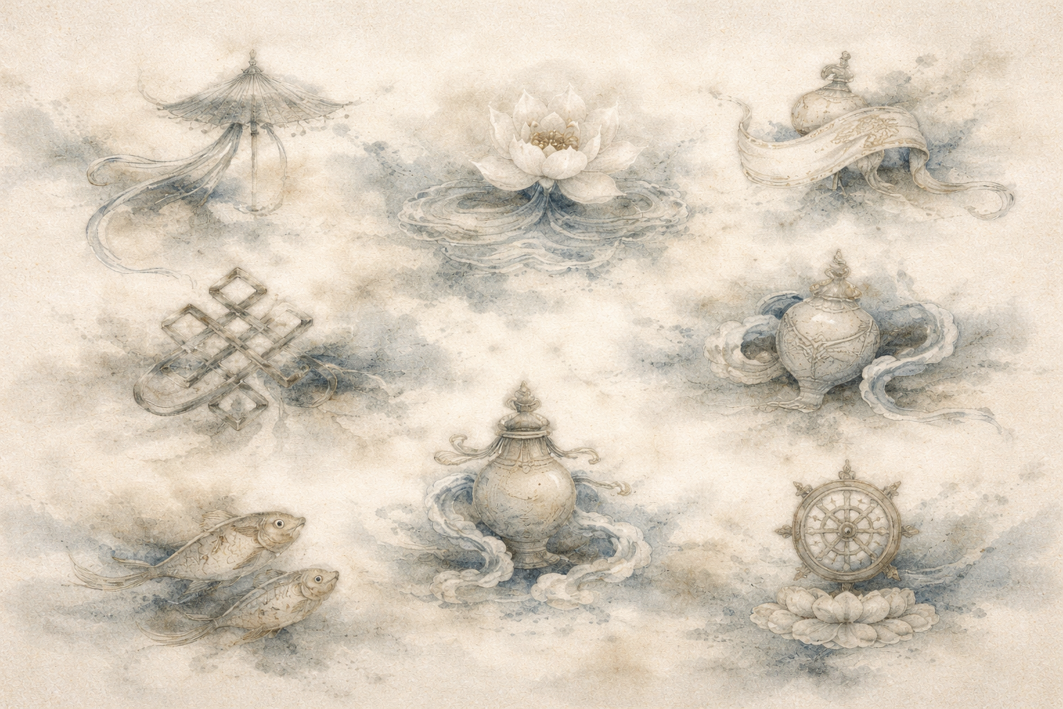 Delicate watercolor-style illustration featuring symbolic Buddhist elements emerging from soft mist, including a lotus flower, endless knot, parasol, treasure vase, Dharma wheel, flowing ribbons, and fish, representing the nature of reality as interconnected, impermanent, and illuminated through wisdom.