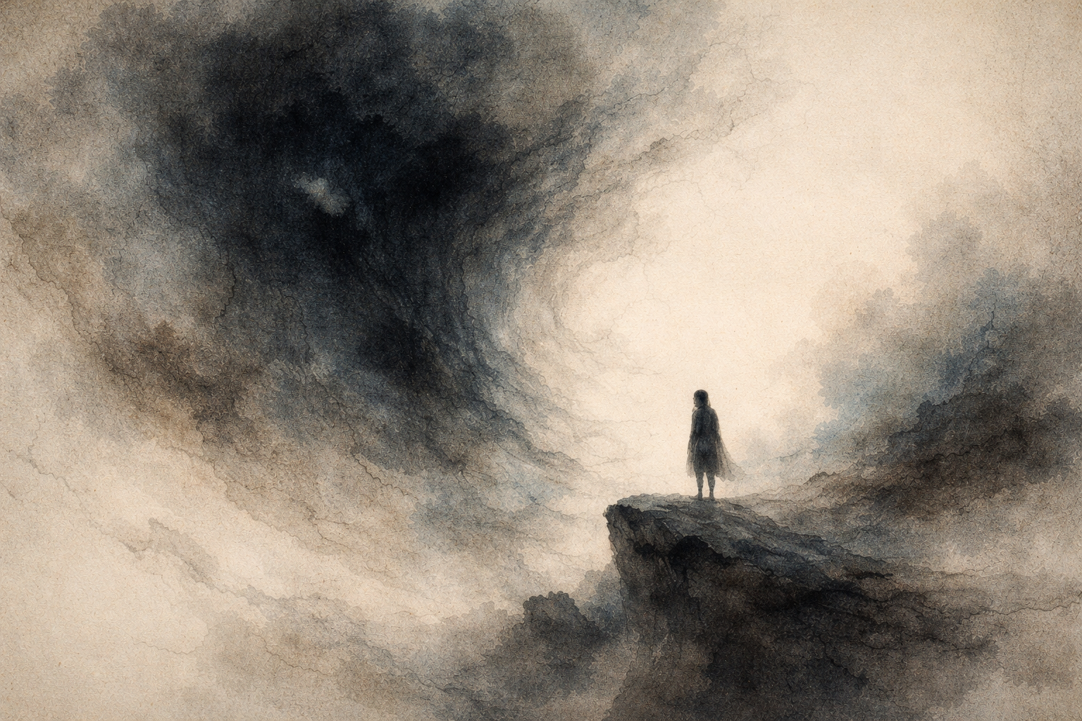 Atmospheric watercolor-style illustration of a solitary figure standing on a cliff beneath swirling shadowed clouds, symbolizing contemplation of the causes of suffering and the search for clarity in Buddhist philosophy.