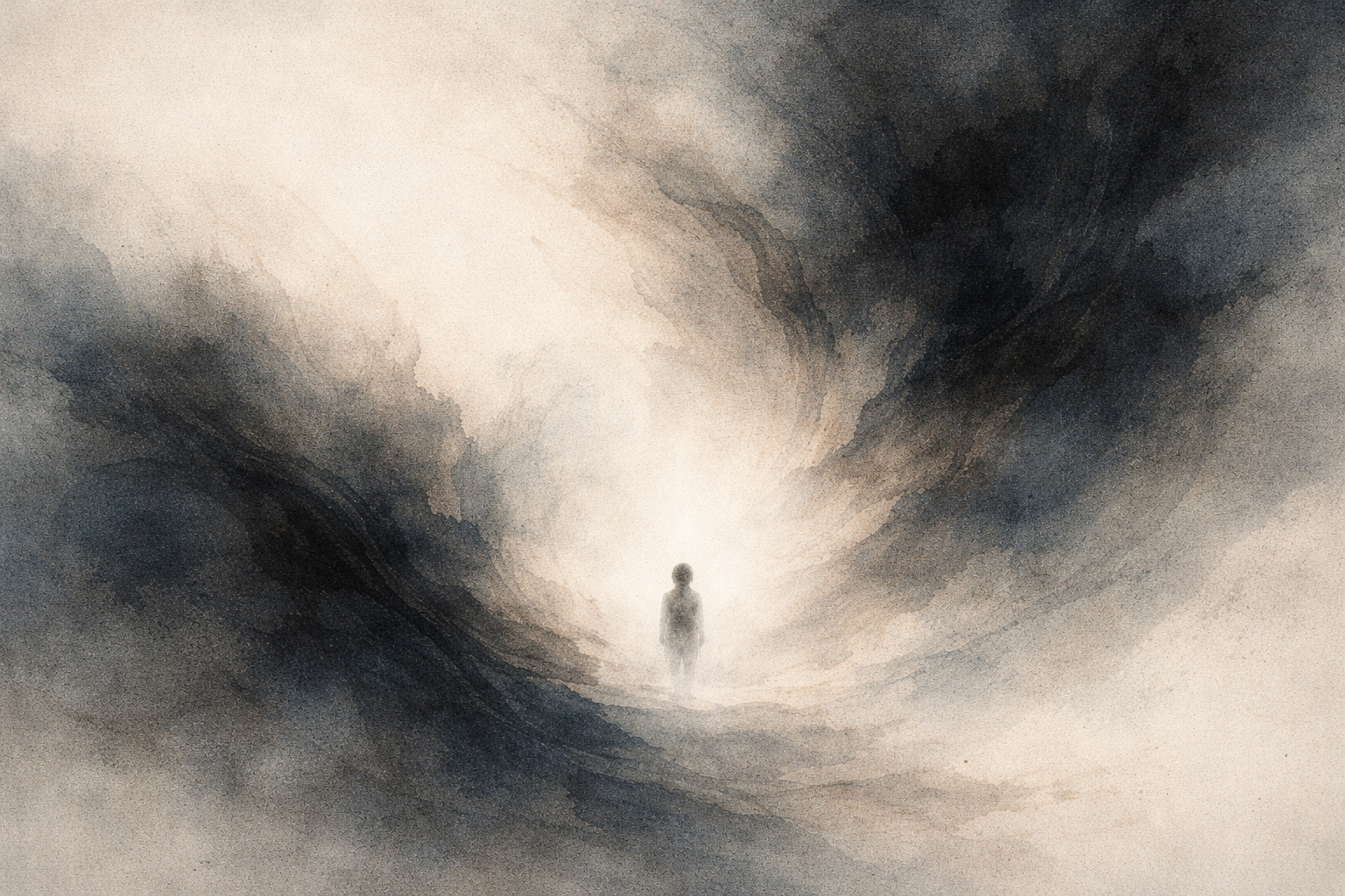 Atmospheric watercolor-style illustration of a solitary figure standing within swirling mist and shadow, moving toward soft light, symbolizing the human experience of suffering and the Buddhist path toward understanding and liberation.