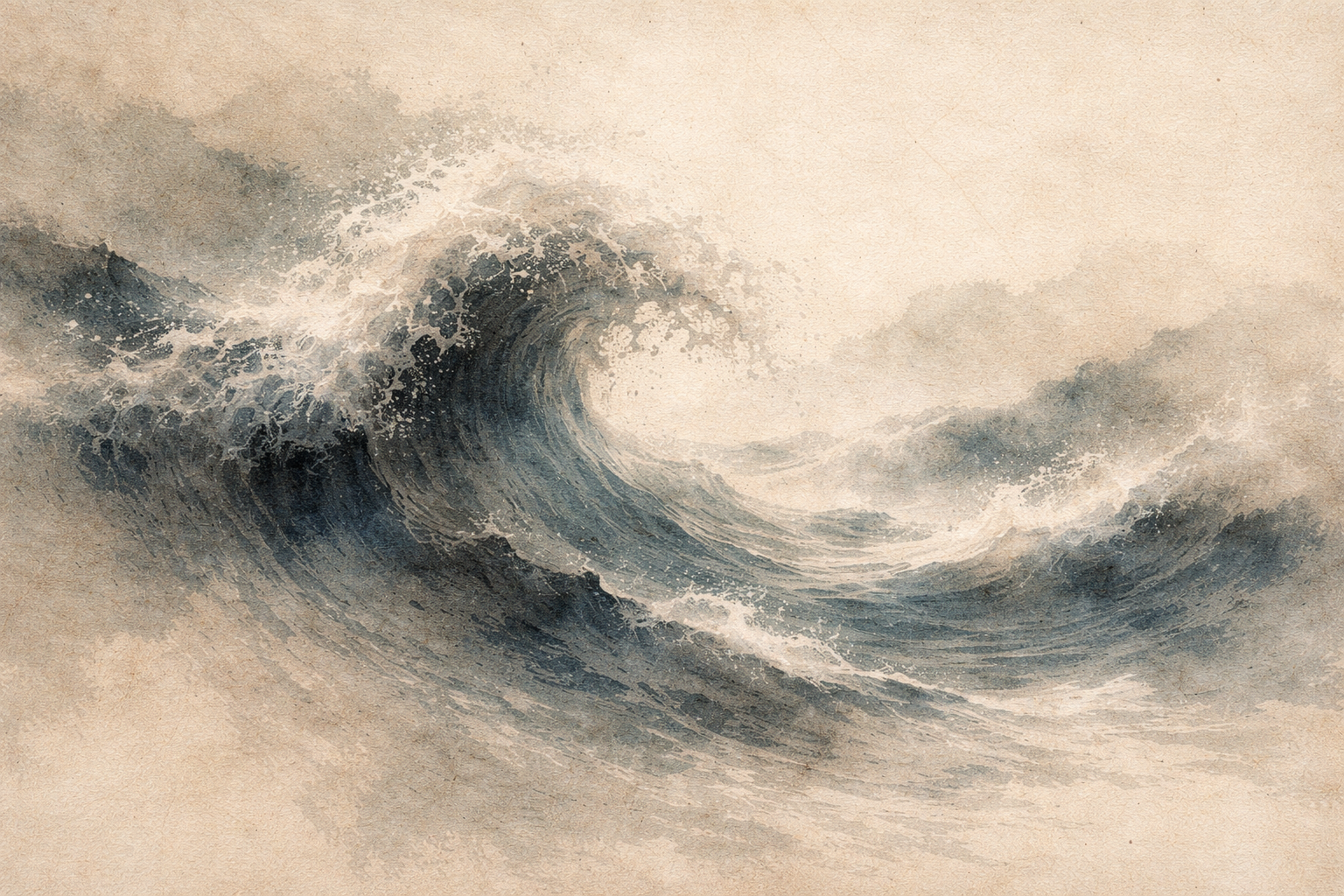 A powerful ocean wave rising and curling through mist, symbolizing the surge of anger and emotional intensity, reflecting Buddhist wisdom that anger can be observed, understood, and released like a wave returning to calm water.