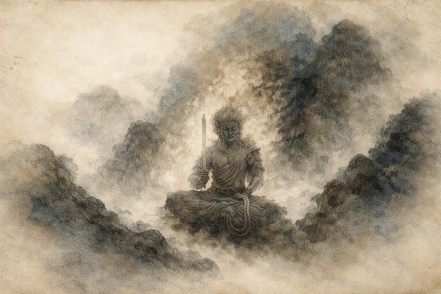 霧に包まれた山々の中で瞑想する守護尊が剣を持つ姿。無明を断ち切る智慧と、仏教における慈悲の力強さを象徴している。