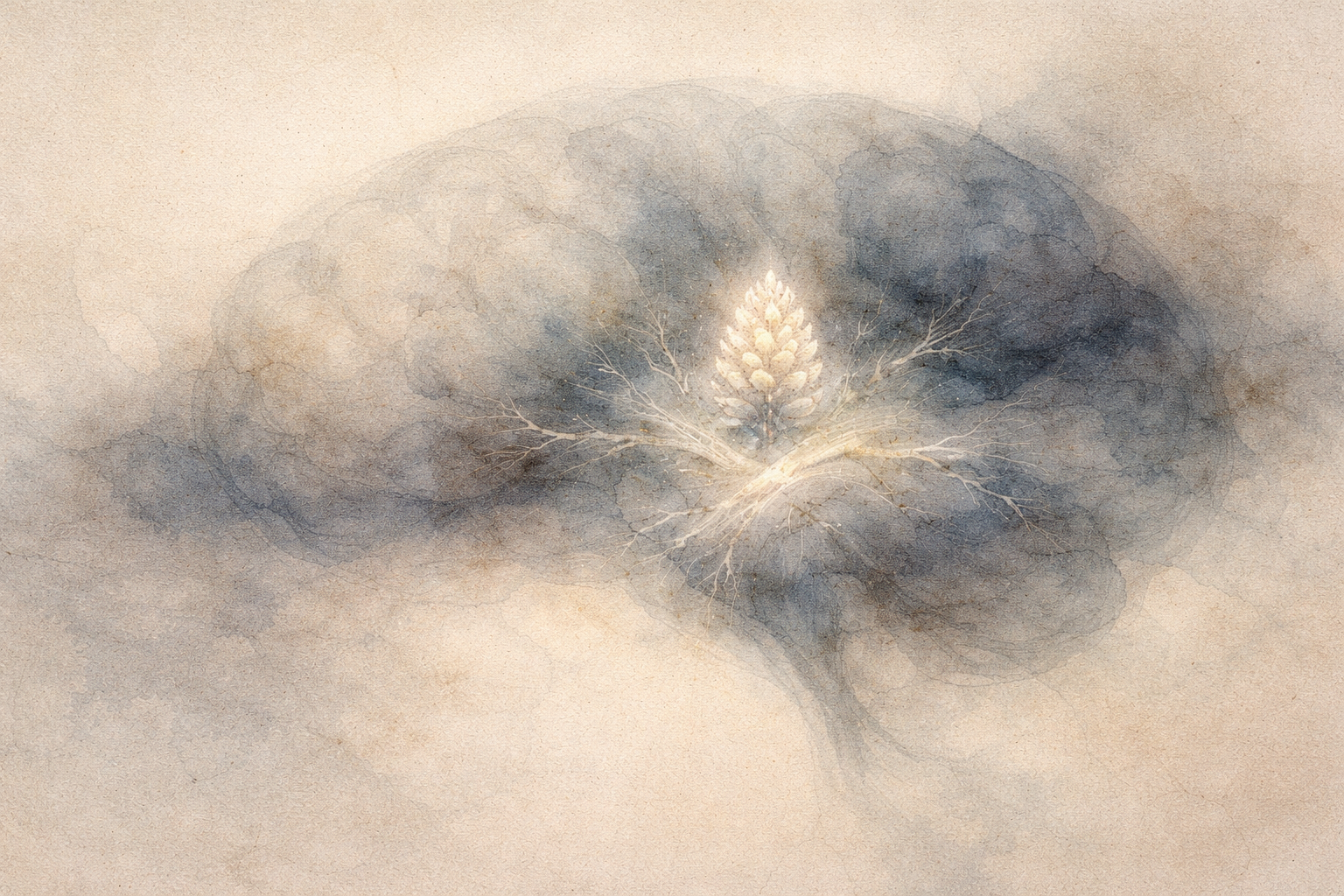 Ethereal watercolor-style illustration of a glowing lotus emerging within a soft brain-shaped form, symbolizing enlightenment, awakening, and the illumination of inner wisdom.