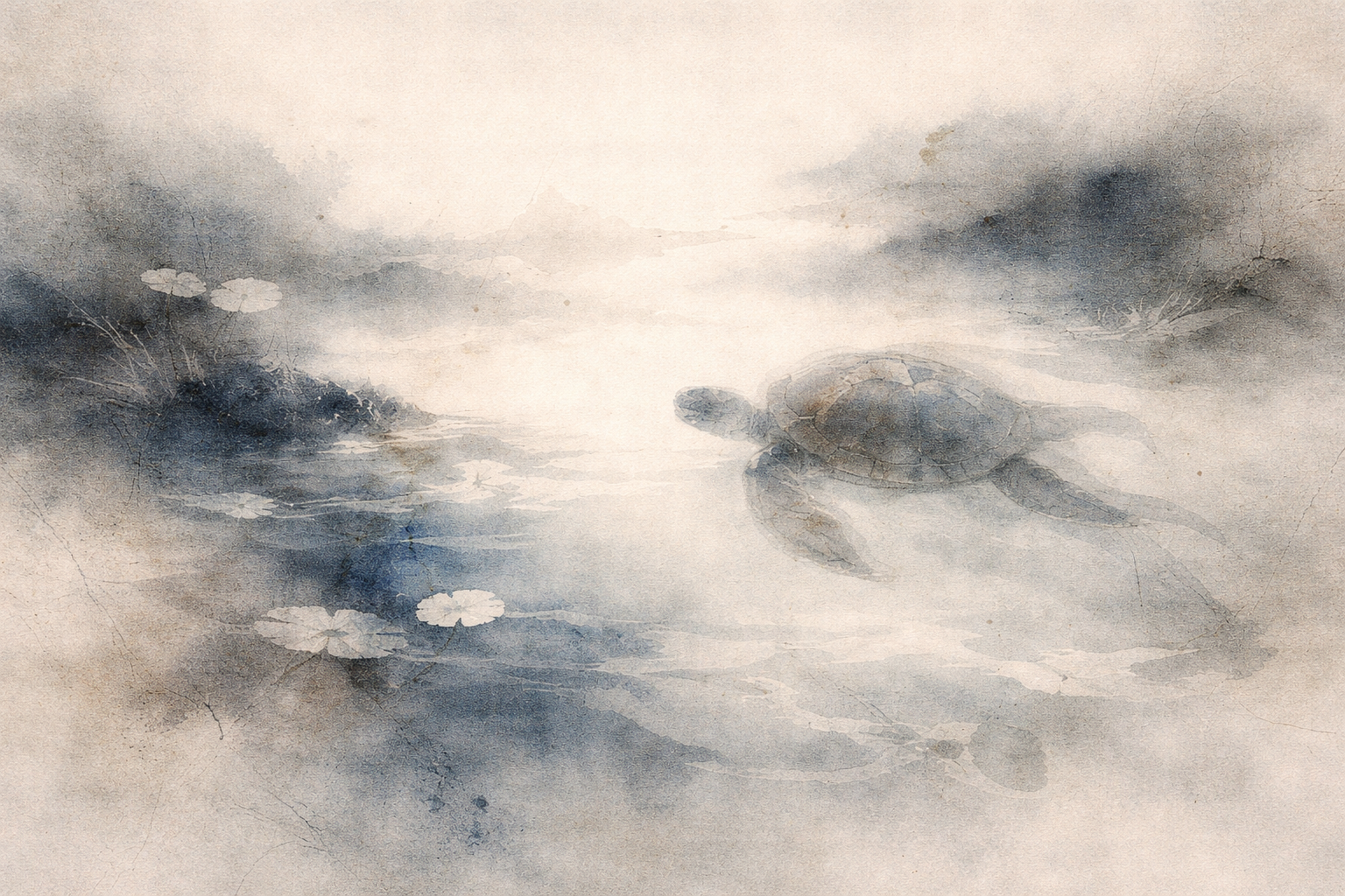 穏やかな水の中をゆっくりと進む亀のイメージ。静かな安らぎと満ち足りた心を象徴し、本当の幸せは忍耐や調和、内なる静けさから生まれるという仏教の智慧を表している。