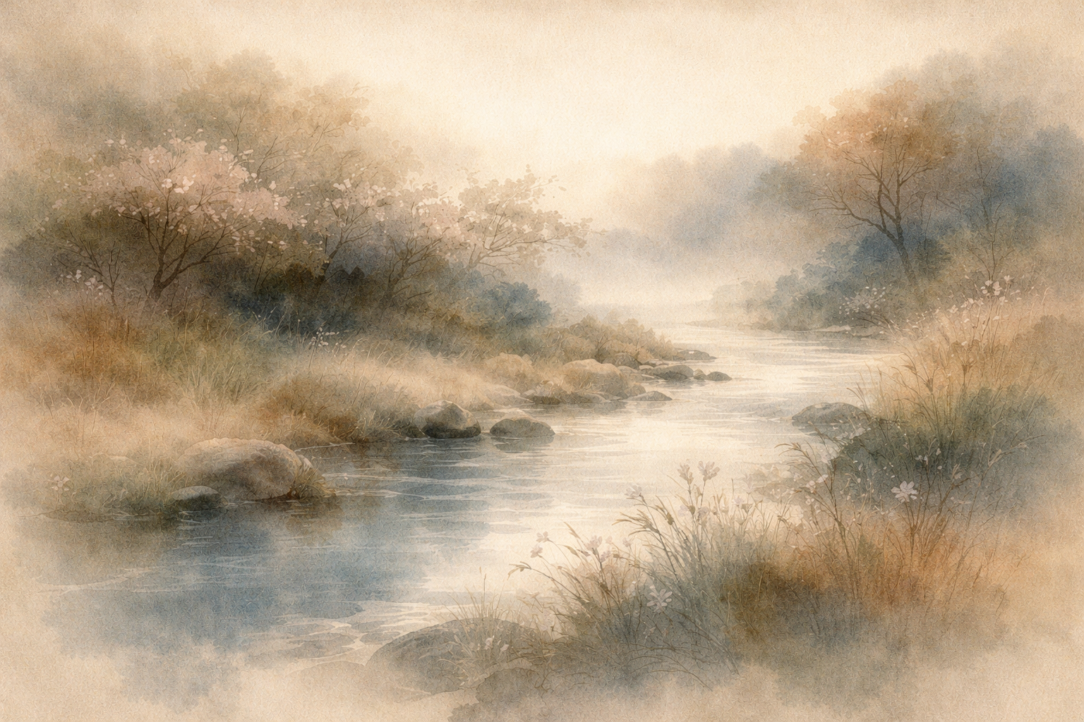 淡い花々とともに穏やかに流れる川を描いた水墨画風の風景。無常や自然な変化、静かに続いていくいのちの流れを仏教的に象徴している