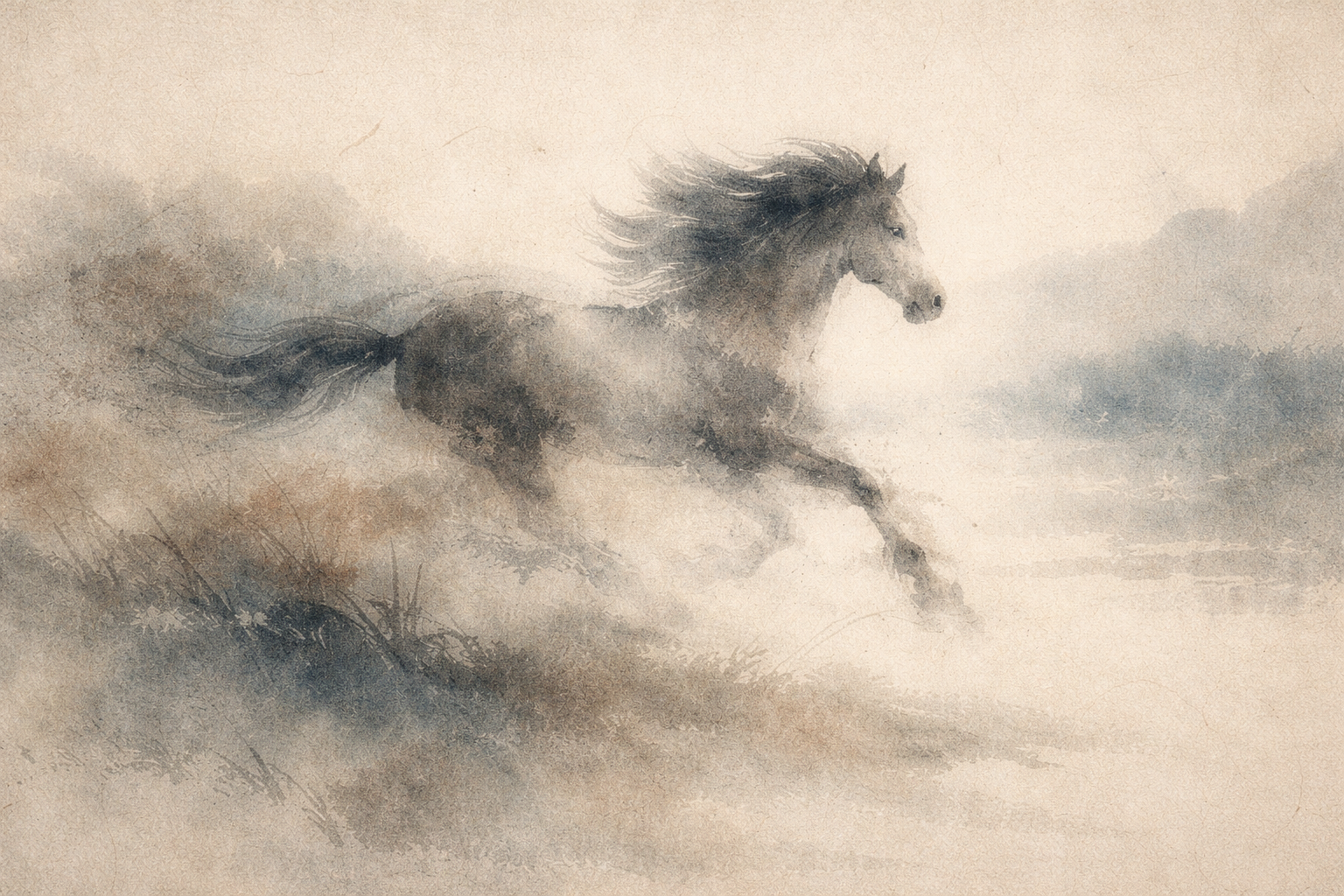 Horse running freely through soft misty landscape, symbolizing letting go of attachment, inner freedom, and the lightness of releasing control in Buddhist wisdom.