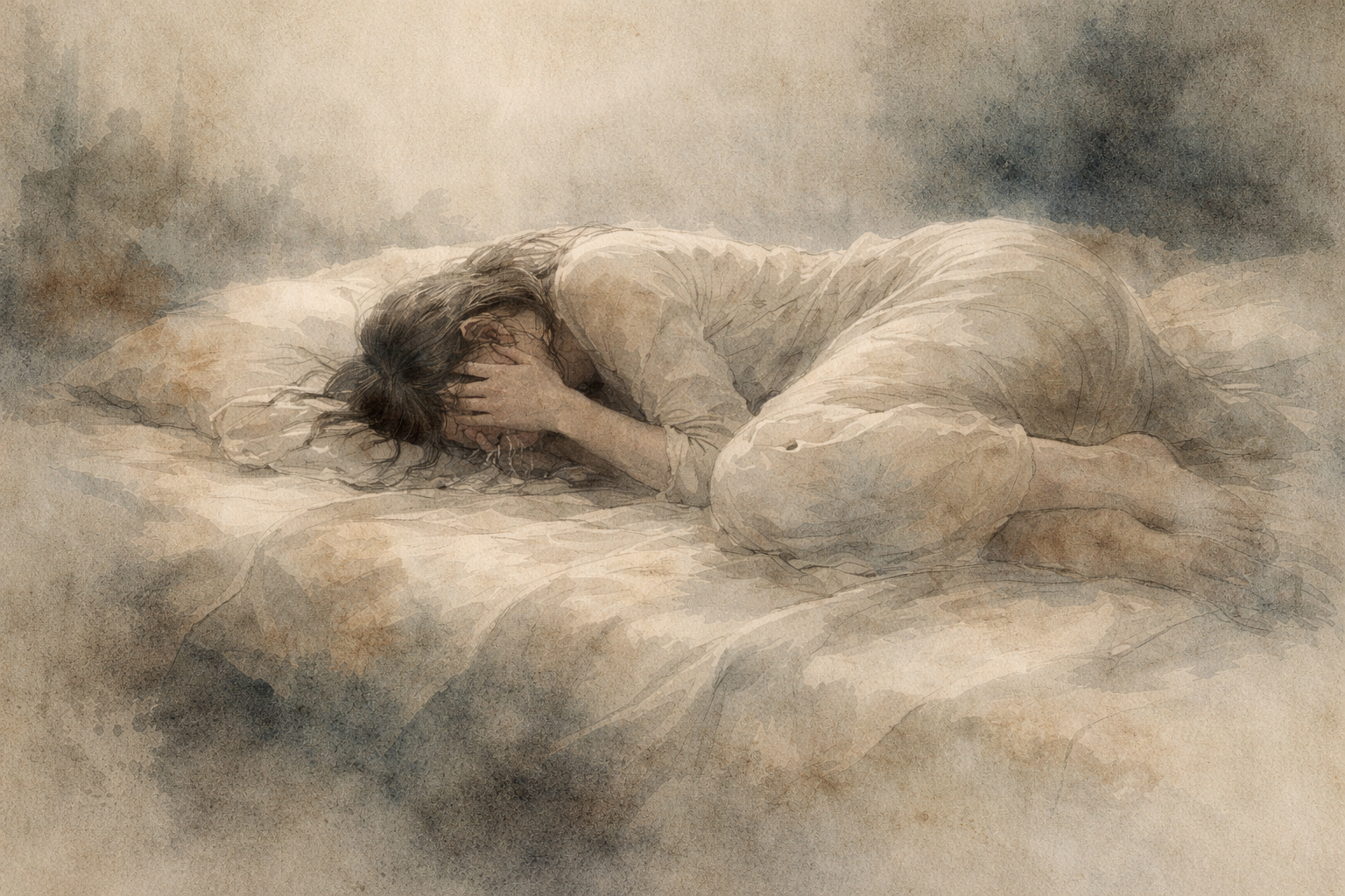 やわらかな霧に包まれながら、悲しみに包まれてベッドに横たわる人物を描いた水彩風イラスト。人生における苦しみと、それに寄り添う仏教の智慧と慈悲を象徴している。